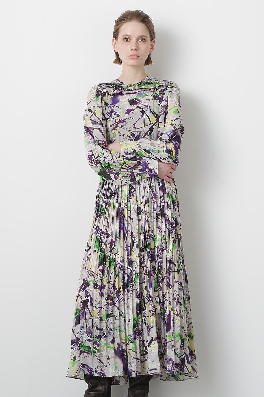 【ヒューエルミュージアム/hueLe Museum】の【STUMBLY】Printed Pleats Dress インテリア・キッズ・メンズ・レディースファッション・服の通販 founy(ファニー) 　ファッション　Fashion　レディースファッション　Fashion for Women　ワンピース　Dresses　フォーマル・パーティードレス・結婚式用ドレス　Elegant & Casual Dresses　チュニック　Tunic Tops & Dresses　スリーブ　Sleeve, Long Sleeve / Short Sleeve　チュニック　Tunic, Long Top　プリント　Print, Printed Pattern　プリーツ　Pleats, Pleated　ロング　Long, Long-Length　再入荷　Restock / Back in Stock　グレー|ID: prp329100004608773 ipo3291000000035740383