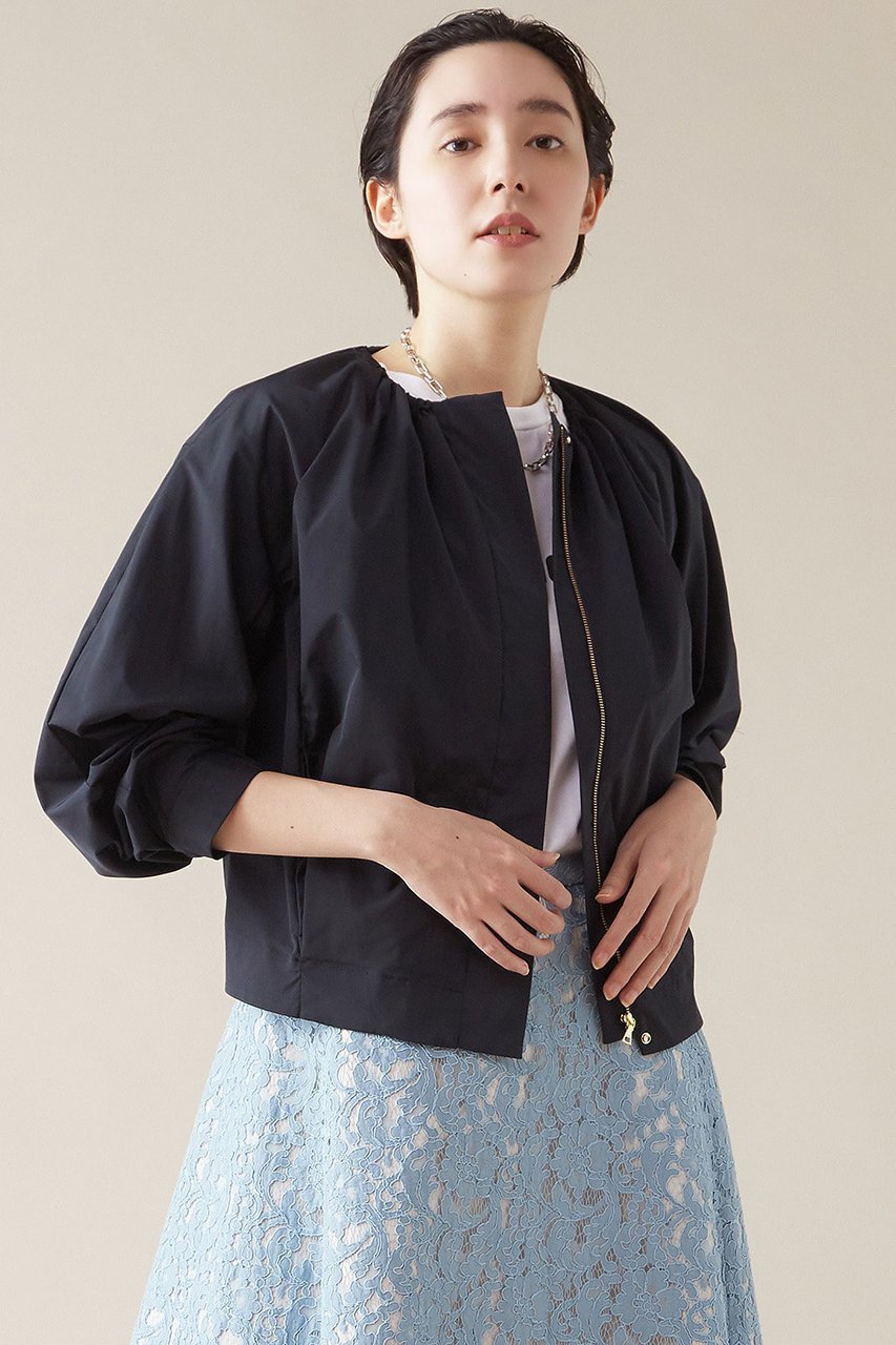 【マルティニーク/martinique】のタフタギャザーブルゾン インテリア・キッズ・メンズ・レディースファッション・服の通販 founy(ファニー) 　ファッション　Fashion　レディースファッション　Fashion for Women　アウター　Coat / Outerwear Collection　レディースジャケット・軽アウター　Jackets　ブルゾンジャケット・スポーティアウター　Blouson Jackets　ギャザー　Gathered, Ruffled　ジャケット　Jacket, Outerwear　ストレッチ　Stretch, Stretchy Fabric　タフタ　Taffeta, Structured Fabric　フィット　Fit, Slim Fit　フロント　Front, Front Design　ブラウジング　Blouson Silhouette, Cinched Waist　ブルゾン　Blouson, Bomber Jacket　エレガント 上品　Elegant　ネイビー|ID: prp329100004608788 ipo3291000000035042101