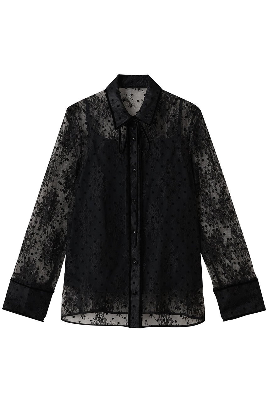 【アルアバイル/allureville】の【Loulou Willoughby】フロッキードットレースブラウス インテリア・キッズ・メンズ・レディースファッション・服の通販 founy(ファニー) 　ファッション　Fashion　レディースファッション　Fashion for Women　トップス・カットソー　Cut & Sew Tops　シャツ・ブラウス・オフィスカジュアル　Elegant Blouses & Button-Ups　カフス　Cuff Design　スリーブ　Sleeve, Long Sleeve / Short Sleeve　バランス　Balance, Style Balance　ベロア　Velour, Soft Velvet　リボン　Ribbon, Bow　レース　Lace, Lace Fabric　ロング　Long, Long-Length　ブラック|ID: prp329100004608805 ipo3291000000033629218