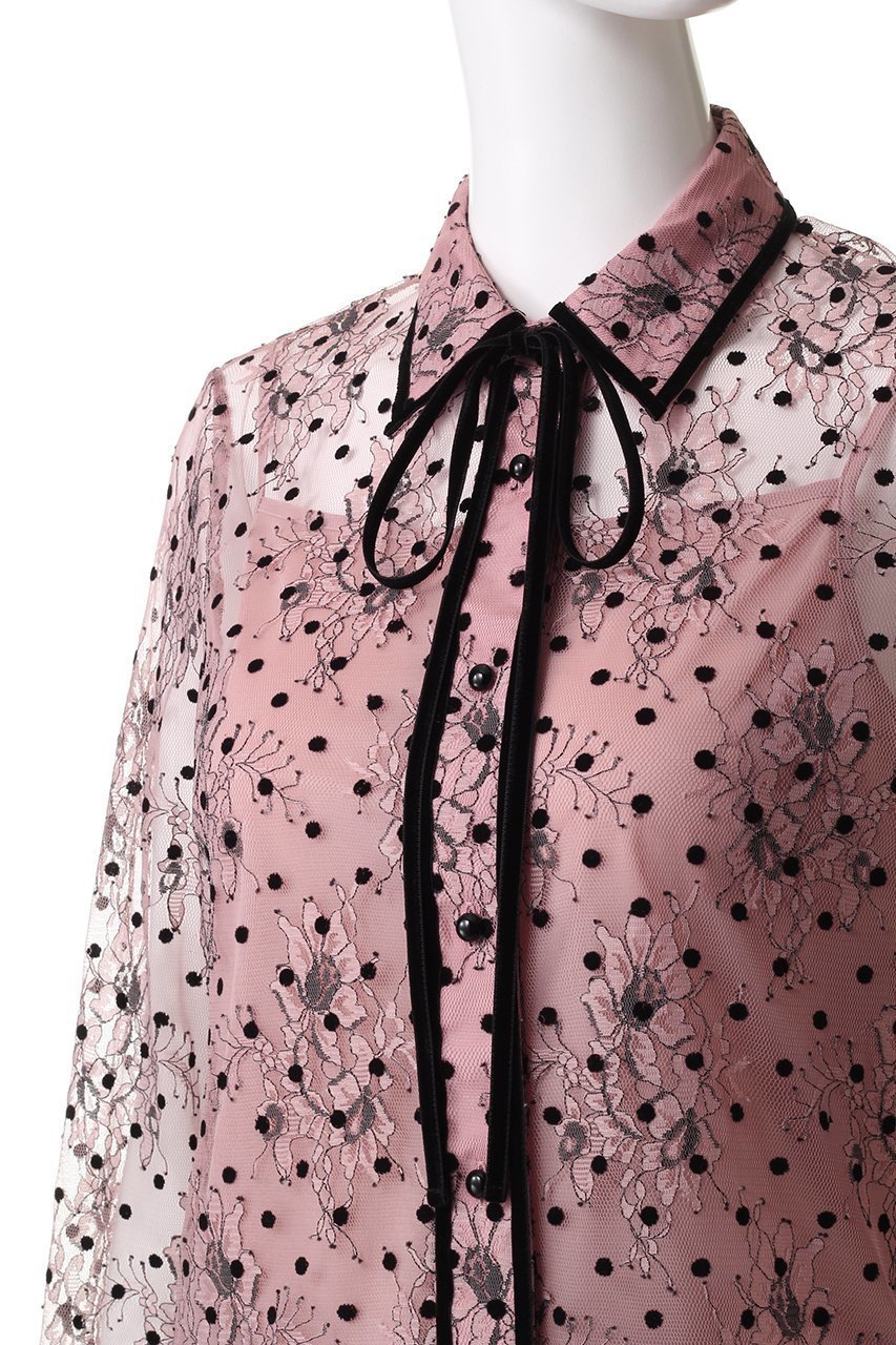 【アルアバイル/allureville】の【Loulou Willoughby】フロッキードットレースブラウス 人気、トレンドファッション・服の通販 founy(ファニー) 　ファッション　Fashion　レディースファッション　Fashion for Women　トップス・カットソー　Cut & Sew Tops　シャツ・ブラウス・オフィスカジュアル　Elegant Blouses & Button-Ups　カフス　Cuff Design　スリーブ　Sleeve, Long Sleeve / Short Sleeve　バランス　Balance, Style Balance　ベロア　Velour, Soft Velvet　リボン　Ribbon, Bow　レース　Lace, Lace Fabric　ロング　Long, Long-Length　other-5|ID: prp329100004608805 ipo3291000000035485208