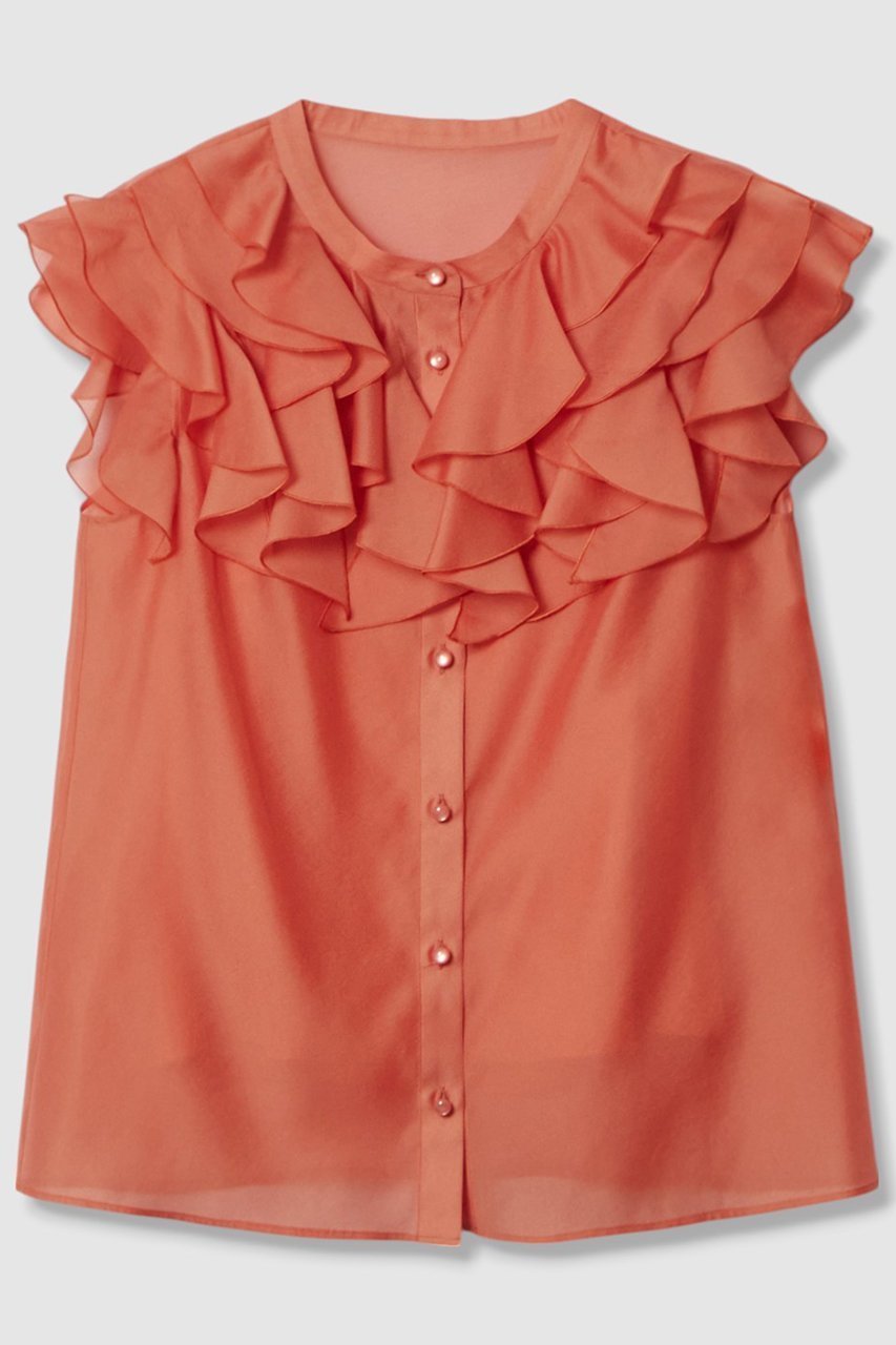 【アルアバイル/allureville】の【Loulou Willoughby】ラッフルボリュームブラウス インテリア・キッズ・メンズ・レディースファッション・服の通販 founy(ファニー) 　ファッション　Fashion　レディースファッション　Fashion for Women　トップス・カットソー　Cut & Sew Tops　キャミソール&ノースリーブ　Camisoles & Sleeveless Tops　シャツ・ブラウス・オフィスカジュアル　Elegant Blouses & Button-Ups　シアー　Sheer, See-Through　シルク　Silk, 100% Silk　トレンド　Trend, Trending Now　ノースリーブ　Sleeveless, No-Sleeve　フリル　Frill, Ruffle　エレガント 上品　Elegant　オレンジ|ID: prp329100004608809 ipo3291000000035770658