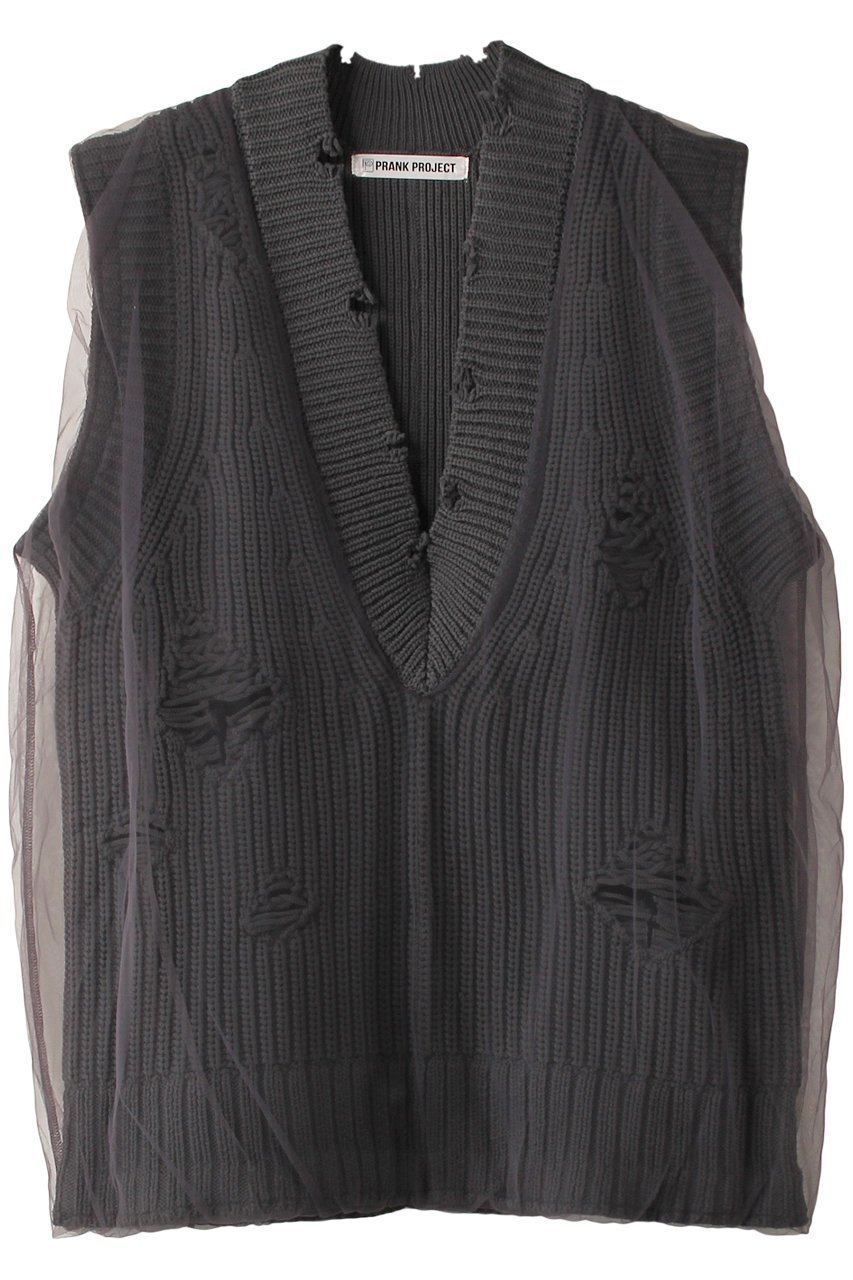【プランク プロジェクト/PRANK PROJECT】のチュールギャザークラッシュニットベスト / Tulle Gathered Crushed Knit Vest インテリア・キッズ・メンズ・レディースファッション・服の通販 founy(ファニー) 　ファッション　Fashion　レディースファッション　Fashion for Women　トップス・カットソー　Cut & Sew Tops　ニット　Knit Tops & Sweaters　ベスト&ジレ / 重ね着スタイル　Vests & Gilets　カジュアルプルオーバー・ニットトップス　Pullovers & Knit Tops / Casual Pullovers　おすすめ　Recommended / Our Picks　インナー　Innerwear　キャミソール　Camisole, Spaghetti Strap Top　ギャザー　Gathered, Ruffled　シアー　Sheer, See-Through　シンプル　Simple, Minimal　ダメージ　Distressed, Destroyed　チュール　Tulip, Tulip Motif　ベスト　Vest, Waistcoat　軽量　Lightweight, Ultra Light　C.GRY(チャコールグレー)|ID: prp329100004608829 ipo3291000000032950539