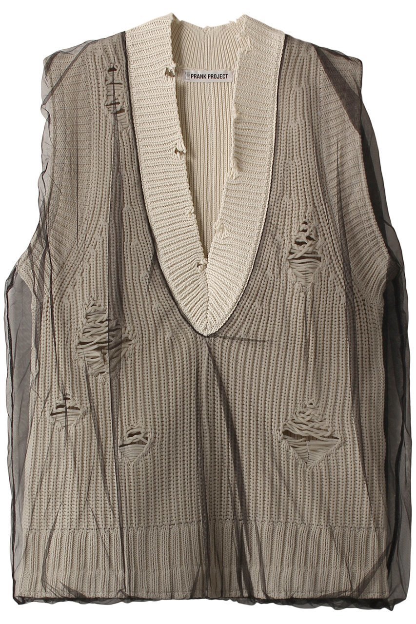 【プランク プロジェクト/PRANK PROJECT】のチュールギャザークラッシュニットベスト / Tulle Gathered Crushed Knit Vest インテリア・キッズ・メンズ・レディースファッション・服の通販 founy(ファニー) 　ファッション　Fashion　レディースファッション　Fashion for Women　トップス・カットソー　Cut & Sew Tops　ニット　Knit Tops & Sweaters　ベスト&ジレ / 重ね着スタイル　Vests & Gilets　カジュアルプルオーバー・ニットトップス　Pullovers & Knit Tops / Casual Pullovers　おすすめ　Recommended / Our Picks　インナー　Innerwear　キャミソール　Camisole, Spaghetti Strap Top　ギャザー　Gathered, Ruffled　シアー　Sheer, See-Through　シンプル　Simple, Minimal　ダメージ　Distressed, Destroyed　チュール　Tulip, Tulip Motif　ベスト　Vest, Waistcoat　軽量　Lightweight, Ultra Light　IVR(アイボリー)|ID: prp329100004608829 ipo3291000000032950544