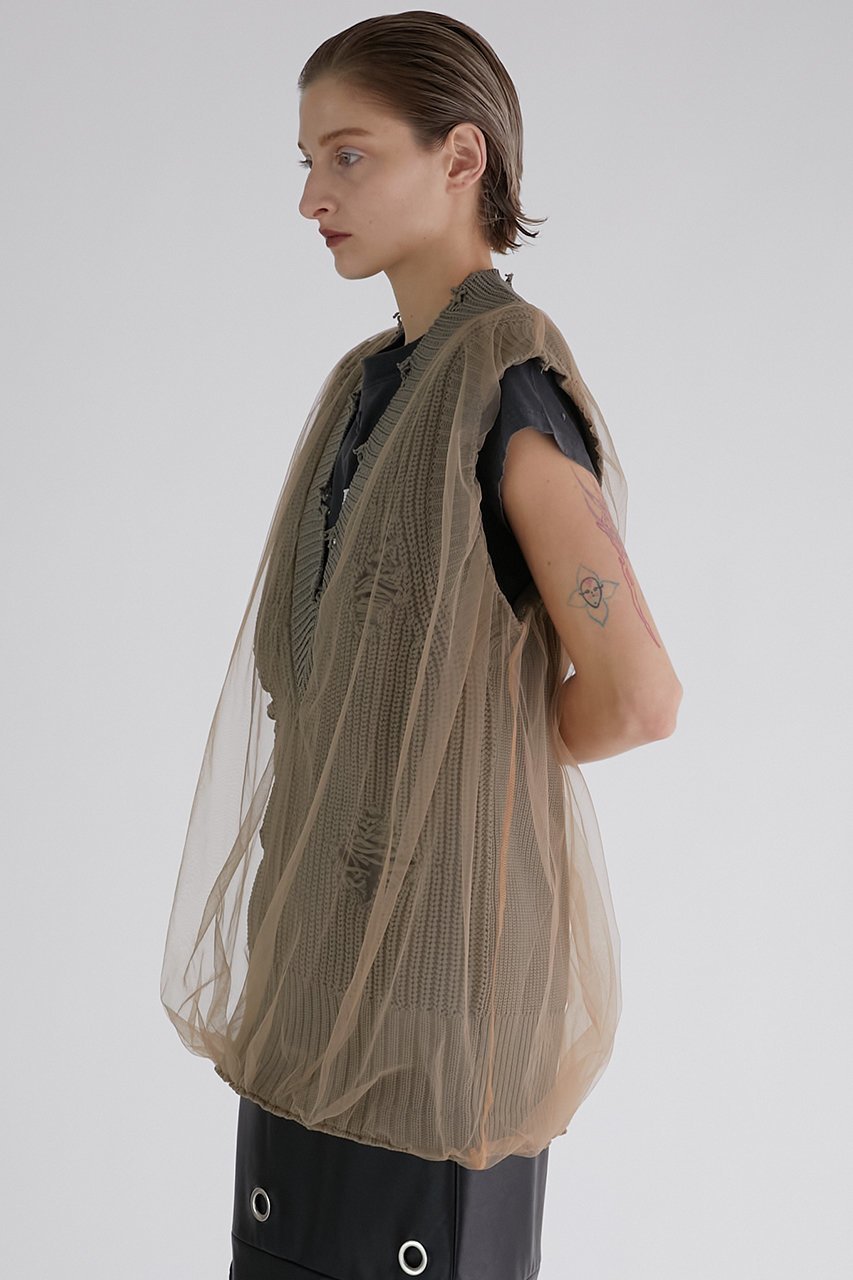 【プランク プロジェクト/PRANK PROJECT】のチュールギャザークラッシュニットベスト / Tulle Gathered Crushed Knit Vest 人気、トレンドファッション・服の通販 founy(ファニー) 　ファッション　Fashion　レディースファッション　Fashion for Women　トップス・カットソー　Cut & Sew Tops　ニット　Knit Tops & Sweaters　ベスト&ジレ / 重ね着スタイル　Vests & Gilets　カジュアルプルオーバー・ニットトップス　Pullovers & Knit Tops / Casual Pullovers　おすすめ　Recommended / Our Picks　インナー　Innerwear　キャミソール　Camisole, Spaghetti Strap Top　ギャザー　Gathered, Ruffled　シアー　Sheer, See-Through　シンプル　Simple, Minimal　ダメージ　Distressed, Destroyed　チュール　Tulip, Tulip Motif　ベスト　Vest, Waistcoat　軽量　Lightweight, Ultra Light　other-7|ID: prp329100004608829 ipo3291000000032950575