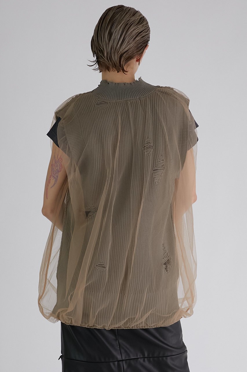 【プランク プロジェクト/PRANK PROJECT】のチュールギャザークラッシュニットベスト / Tulle Gathered Crushed Knit Vest 人気、トレンドファッション・服の通販 founy(ファニー) 　ファッション　Fashion　レディースファッション　Fashion for Women　トップス・カットソー　Cut & Sew Tops　ニット　Knit Tops & Sweaters　ベスト&ジレ / 重ね着スタイル　Vests & Gilets　カジュアルプルオーバー・ニットトップス　Pullovers & Knit Tops / Casual Pullovers　おすすめ　Recommended / Our Picks　インナー　Innerwear　キャミソール　Camisole, Spaghetti Strap Top　ギャザー　Gathered, Ruffled　シアー　Sheer, See-Through　シンプル　Simple, Minimal　ダメージ　Distressed, Destroyed　チュール　Tulip, Tulip Motif　ベスト　Vest, Waistcoat　軽量　Lightweight, Ultra Light　other-8|ID: prp329100004608829 ipo3291000000032950582