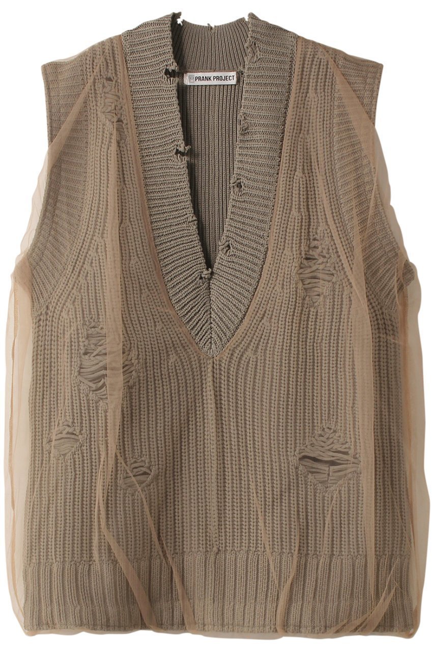 【プランク プロジェクト/PRANK PROJECT】のチュールギャザークラッシュニットベスト / Tulle Gathered Crushed Knit Vest インテリア・キッズ・メンズ・レディースファッション・服の通販 founy(ファニー) 　ファッション　Fashion　レディースファッション　Fashion for Women　トップス・カットソー　Cut & Sew Tops　ニット　Knit Tops & Sweaters　ベスト&ジレ / 重ね着スタイル　Vests & Gilets　カジュアルプルオーバー・ニットトップス　Pullovers & Knit Tops / Casual Pullovers　おすすめ　Recommended / Our Picks　インナー　Innerwear　キャミソール　Camisole, Spaghetti Strap Top　ギャザー　Gathered, Ruffled　シアー　Sheer, See-Through　シンプル　Simple, Minimal　ダメージ　Distressed, Destroyed　チュール　Tulip, Tulip Motif　ベスト　Vest, Waistcoat　軽量　Lightweight, Ultra Light　BGE(ベージュ)|ID: prp329100004608829 ipo3291000000034422935