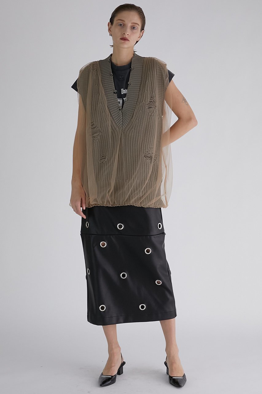 【プランク プロジェクト/PRANK PROJECT】のチュールギャザークラッシュニットベスト / Tulle Gathered Crushed Knit Vest 人気、トレンドファッション・服の通販 founy(ファニー) 　ファッション　Fashion　レディースファッション　Fashion for Women　トップス・カットソー　Cut & Sew Tops　ニット　Knit Tops & Sweaters　ベスト&ジレ / 重ね着スタイル　Vests & Gilets　カジュアルプルオーバー・ニットトップス　Pullovers & Knit Tops / Casual Pullovers　おすすめ　Recommended / Our Picks　インナー　Innerwear　キャミソール　Camisole, Spaghetti Strap Top　ギャザー　Gathered, Ruffled　シアー　Sheer, See-Through　シンプル　Simple, Minimal　ダメージ　Distressed, Destroyed　チュール　Tulip, Tulip Motif　ベスト　Vest, Waistcoat　軽量　Lightweight, Ultra Light　other-6|ID: prp329100004608829 ipo3291000000034422940