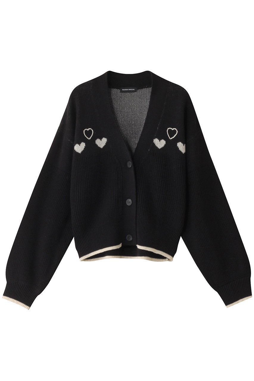 【メゾンスペシャル/MAISON SPECIAL】のHeart Jacquard Short Length Knit Cardigan/ハートジャガードショートニットカーディガン インテリア・キッズ・メンズ・レディースファッション・服の通販 founy(ファニー) 　ファッション　Fashion　レディースファッション　Fashion for Women　トップス・カットソー　Cut & Sew Tops　ニット　Knit Tops & Sweaters　カーディガン・羽織り　Layered Style Cardigans　アクリル　Acrylic Material　カーディガン　Cardigan, Knitwear　キャミソール　Camisole, Spaghetti Strap Top　コンパクト　Compact, Small Size　タンク　Tank Top, Sleeveless Top　チェーン　Chain, Chain Strap　モチーフ　Motif, Design Theme　羽織　Haori, Light Jacket　BLK(ブラック)|ID: prp329100004608830 ipo3291000000032950565