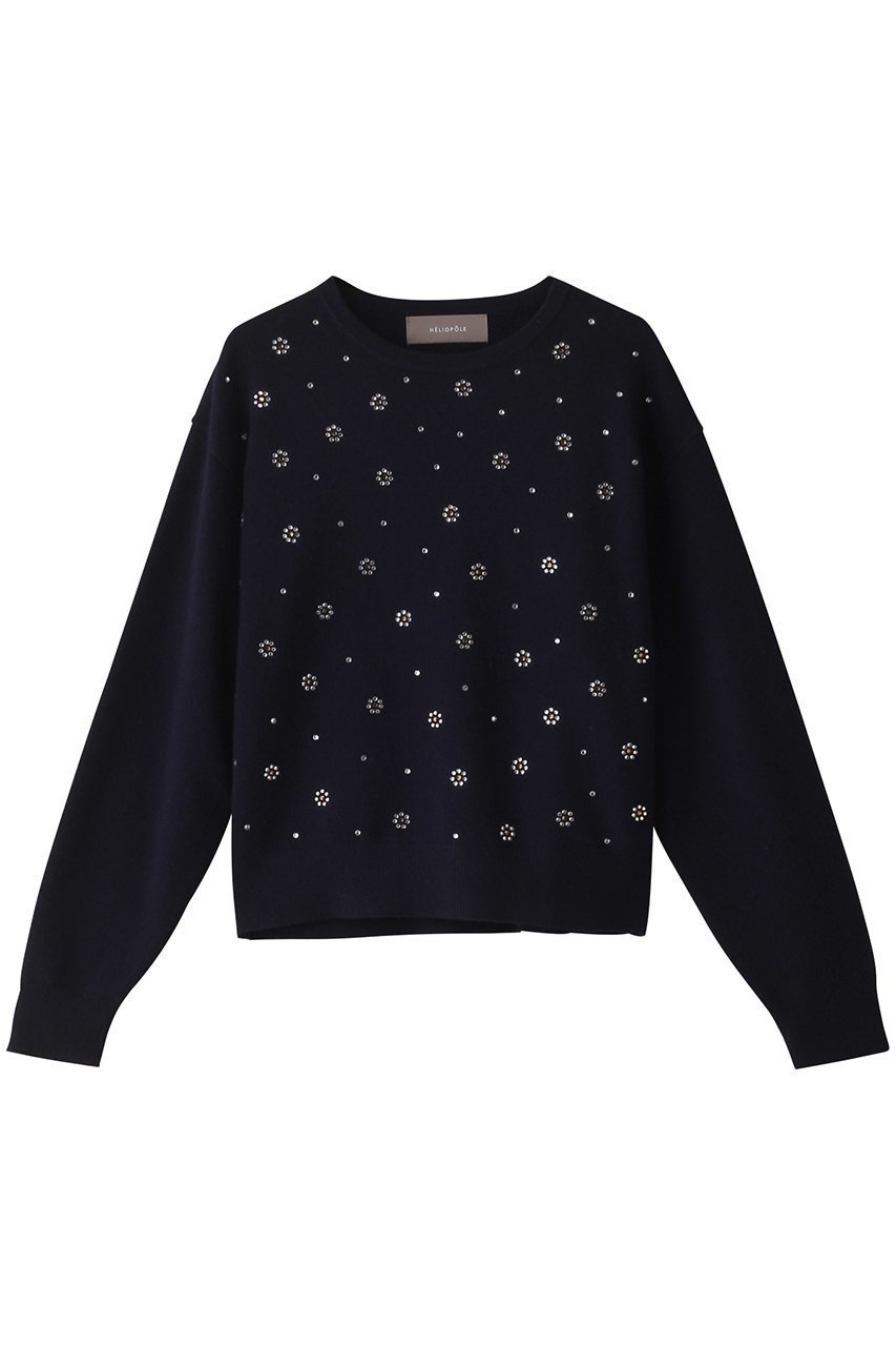 【エリオポール/heliopole】のビジューニット インテリア・キッズ・メンズ・レディースファッション・服の通販 founy(ファニー) 　ファッション　Fashion　レディースファッション　Fashion for Women　トップス・カットソー　Cut & Sew Tops　ニット　Knit Tops & Sweaters　カジュアルプルオーバー・ニットトップス　Pullovers & Knit Tops / Casual Pullovers　スリーブ　Sleeve, Long Sleeve / Short Sleeve　ビジュー　Bijou, Jewel-like Accent　ベーシック　Basic, Essential　エレガント 上品　Elegant　無地　Plain, Solid Color　ネイビー|ID: prp329100004608961 ipo3291000000032956044
