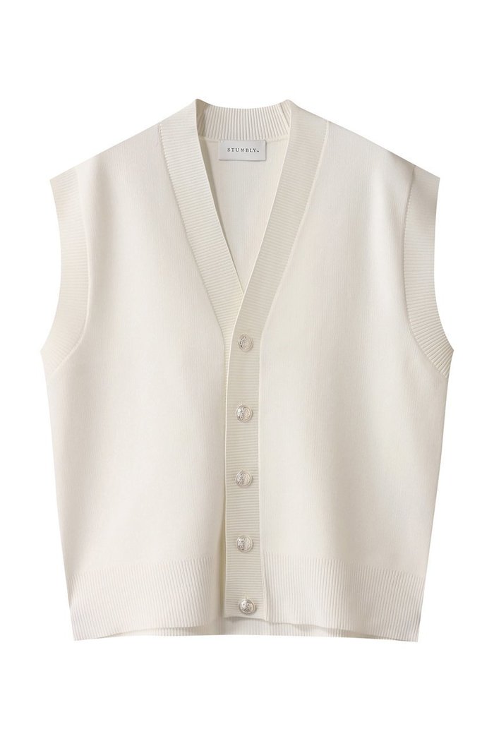 【ヒューエルミュージアム/hueLe Museum】の【STUMBLY】Painted Metal Button Gilet インテリア・キッズ・メンズ・レディースファッション・服の通販 founy(ファニー) https://founy.com/ ファッション Fashion レディースファッション Fashion for Women トップス・カットソー Cut & Sew Tops ニット Knit Tops & Sweaters カーディガン・羽織り Layered Style Cardigans ベスト&ジレ / 重ね着スタイル Vests & Gilets カーディガン Cardigan, Knitwear シンプル Simple, Minimal デニム Denim, Jeans Material メタル Metal, Metal Parts リラックス Relax, Relaxed Fit |ID: prp329100004609020 ipo3291000000032958951