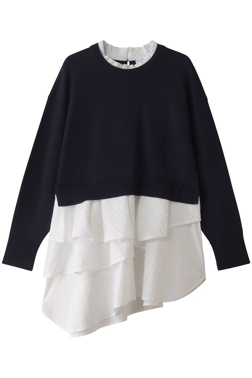 【ランバン オン ブルー/LANVIN en Bleu】のアシンメヘムコンビニット インテリア・キッズ・メンズ・レディースファッション・服の通販 founy(ファニー) 　ファッション　Fashion　レディースファッション　Fashion for Women　トップス・カットソー　Cut & Sew Tops　ニット　Knit Tops & Sweaters　カジュアルプルオーバー・ニットトップス　Pullovers & Knit Tops / Casual Pullovers　アシンメトリー　Asymmetrical Style　コンビ　Combo, Combination Style　スリーブ　Sleeve, Long Sleeve / Short Sleeve　フェミニン　Feminine, Girly　フリル　Frill, Ruffle　ヘムライン　Hemline, Bottom Cut　ロング　Long, Long-Length　ネイビー|ID: prp329100004609127 ipo3291000000032962884