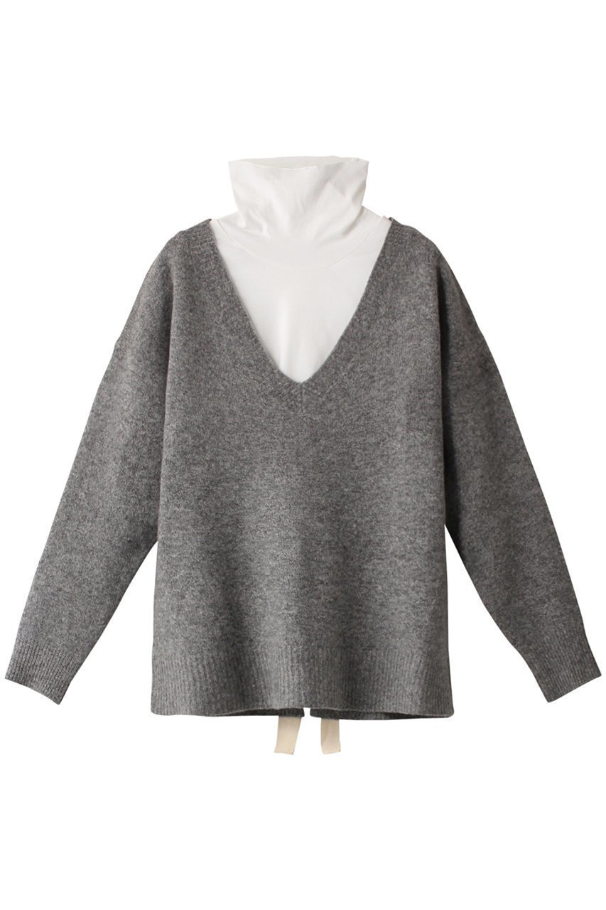 【ランバン オン ブルー/LANVIN en Bleu】のレイヤードバックオープンニット インテリア・キッズ・メンズ・レディースファッション・服の通販 founy(ファニー) 　ファッション　Fashion　レディースファッション　Fashion for Women　トップス・カットソー　Cut & Sew Tops　ニット　Knit Tops & Sweaters　カジュアルプルオーバー・ニットトップス　Pullovers & Knit Tops / Casual Pullovers　インナー　Innerwear　カットソー　Cut and Sewn Top　シェイプ　Shape, Slim Fit　リボン　Ribbon, Bow　グレー|ID: prp329100004609133 ipo3291000000032963064