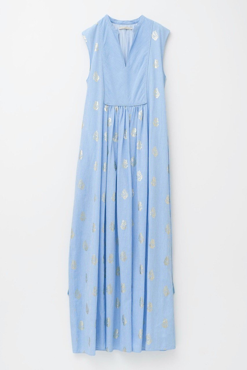 【ヌキテパ/NE QUITTEZ PAS】のCOTTON POPLIN STRIPE ホイル プリント ノースリーブ ドレス インテリア・キッズ・メンズ・レディースファッション・服の通販 founy(ファニー) 　ファッション　Fashion　レディースファッション　Fashion for Women　ワンピース　Dresses　フォーマル・パーティードレス・結婚式用ドレス　Elegant & Casual Dresses　チュニック　Tunic Tops & Dresses　2025年　2025　2025-2026秋冬・A/W　Autumn/Winter 2025–26 AW25–26　ギャザー　Gathered, Ruffled　ストライプ　Stripe, Striped Pattern　チュニック　Tunic, Long Top　ドレス　Dress, One-Piece　ノースリーブ　Sleeveless, No-Sleeve　プリント　Print, Printed Pattern　ロング　Long, Long-Length　A/W・秋冬　Autumn/Winter　ライトブルー|ID: prp329100004613287 ipo3291000000033342665