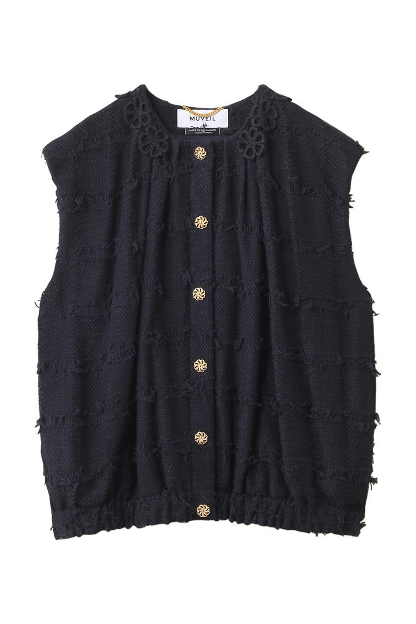 【ミュベール/MUVEIL】のフラワーモチーフツイードベストジャケット インテリア・キッズ・メンズ・レディースファッション・服の通販 founy(ファニー) 　ファッション　Fashion　レディースファッション　Fashion for Women　アウター　Coat / Outerwear Collection　レディースジャケット・軽アウター　Jackets　2025年　2025　2025-2026秋冬・A/W　Autumn/Winter 2025–26 AW25–26　エレガント 上品　Elegant　ギャザー　Gathered, Ruffled　ジャケット　Jacket, Outerwear　ツイード　Twill, Twill Weave　フォルム　Silhouette, Form　フラワー　Flower, Floral　ベスト　Vest, Waistcoat　レース　Lace, Lace Fabric　A/W・秋冬　Autumn/Winter　ネイビー|ID: prp329100004613317 ipo3291000000033021606