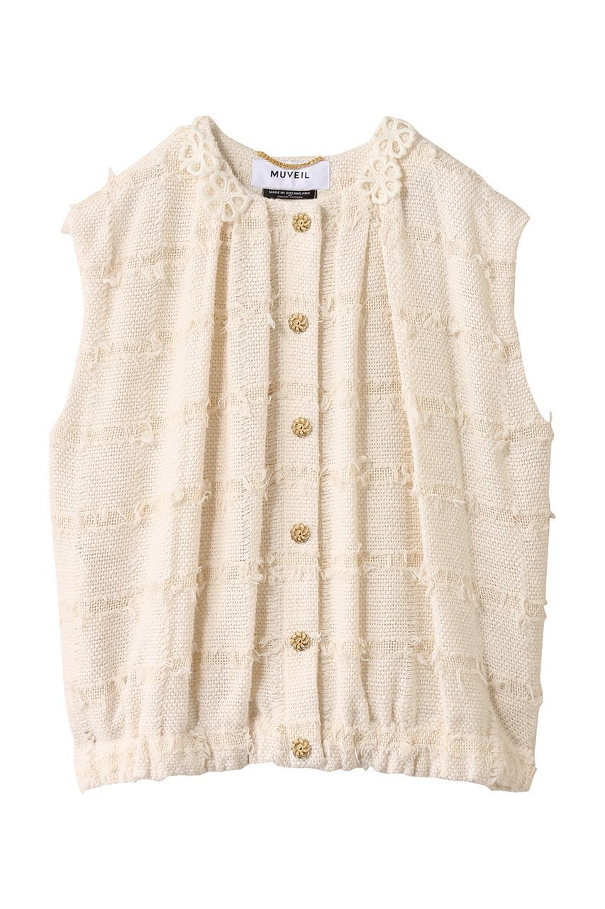 【ミュベール/MUVEIL】のフラワーモチーフツイードベストジャケット インテリア・キッズ・メンズ・レディースファッション・服の通販 founy(ファニー) 　ファッション　Fashion　レディースファッション　Fashion for Women　アウター　Coat / Outerwear Collection　レディースジャケット・軽アウター　Jackets　2025年　2025　2025-2026秋冬・A/W　Autumn/Winter 2025–26 AW25–26　エレガント 上品　Elegant　ギャザー　Gathered, Ruffled　ジャケット　Jacket, Outerwear　ツイード　Twill, Twill Weave　フォルム　Silhouette, Form　フラワー　Flower, Floral　ベスト　Vest, Waistcoat　レース　Lace, Lace Fabric　A/W・秋冬　Autumn/Winter　エクリュ|ID: prp329100004613317 ipo3291000000033075970