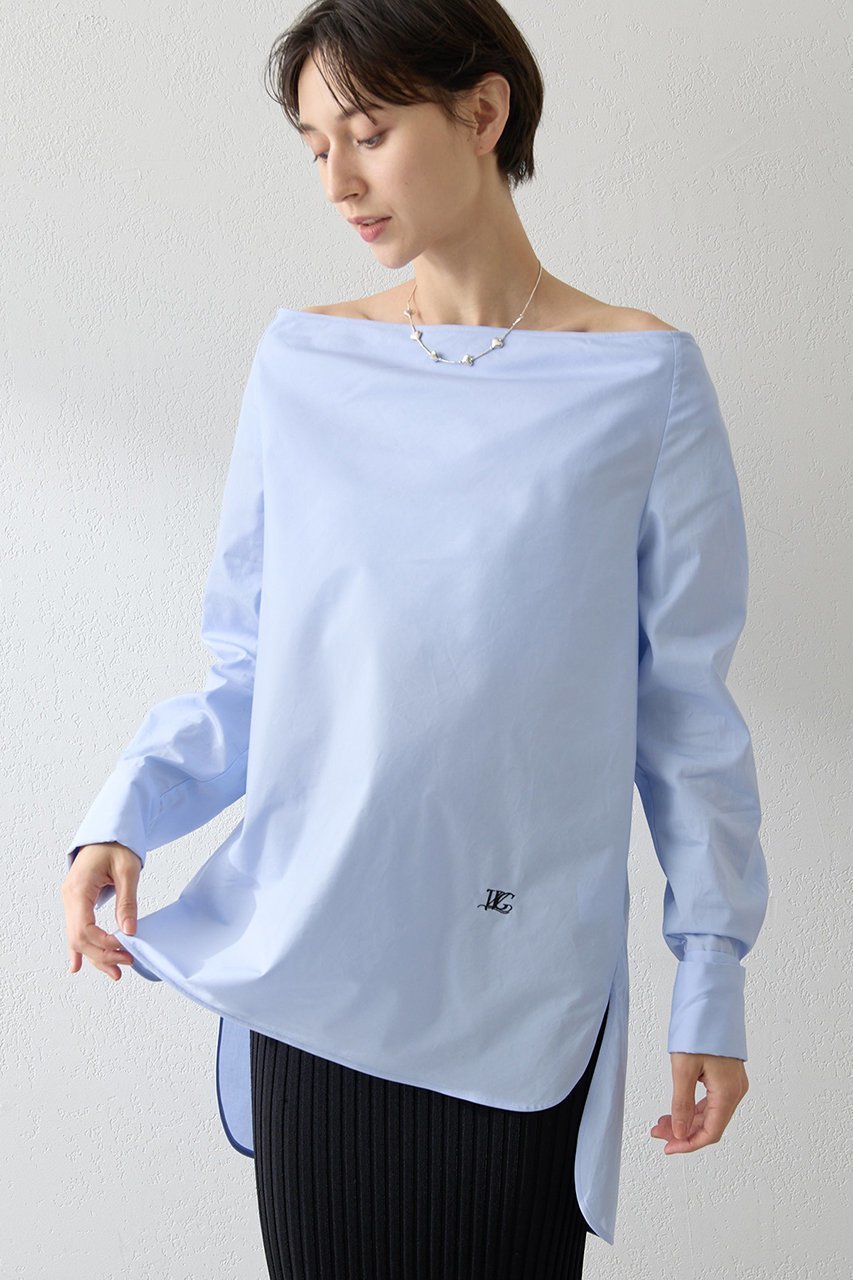 【ウィムガゼット/Whim Gazette】のブロードオフショルダーブラウス インテリア・キッズ・メンズ・レディースファッション・服の通販 founy(ファニー) ファッション Fashion レディースファッション Fashion for Women トップス・カットソー Cut & Sew Tops シャツ・ブラウス・オフィスカジュアル Elegant Blouses & Button-Ups カフス Cuff Design スリーブ Sleeve, Long Sleeve / Short Sleeve ドレープ Drape, Draping Fabric フロント Front, Front Design ブロード Broadcloth, Fine Cotton ロング Long, Long-Length ワンポイント One Point, Statement Accent サックスブルー|ID: prp329100004614076 ipo3291000000035740994