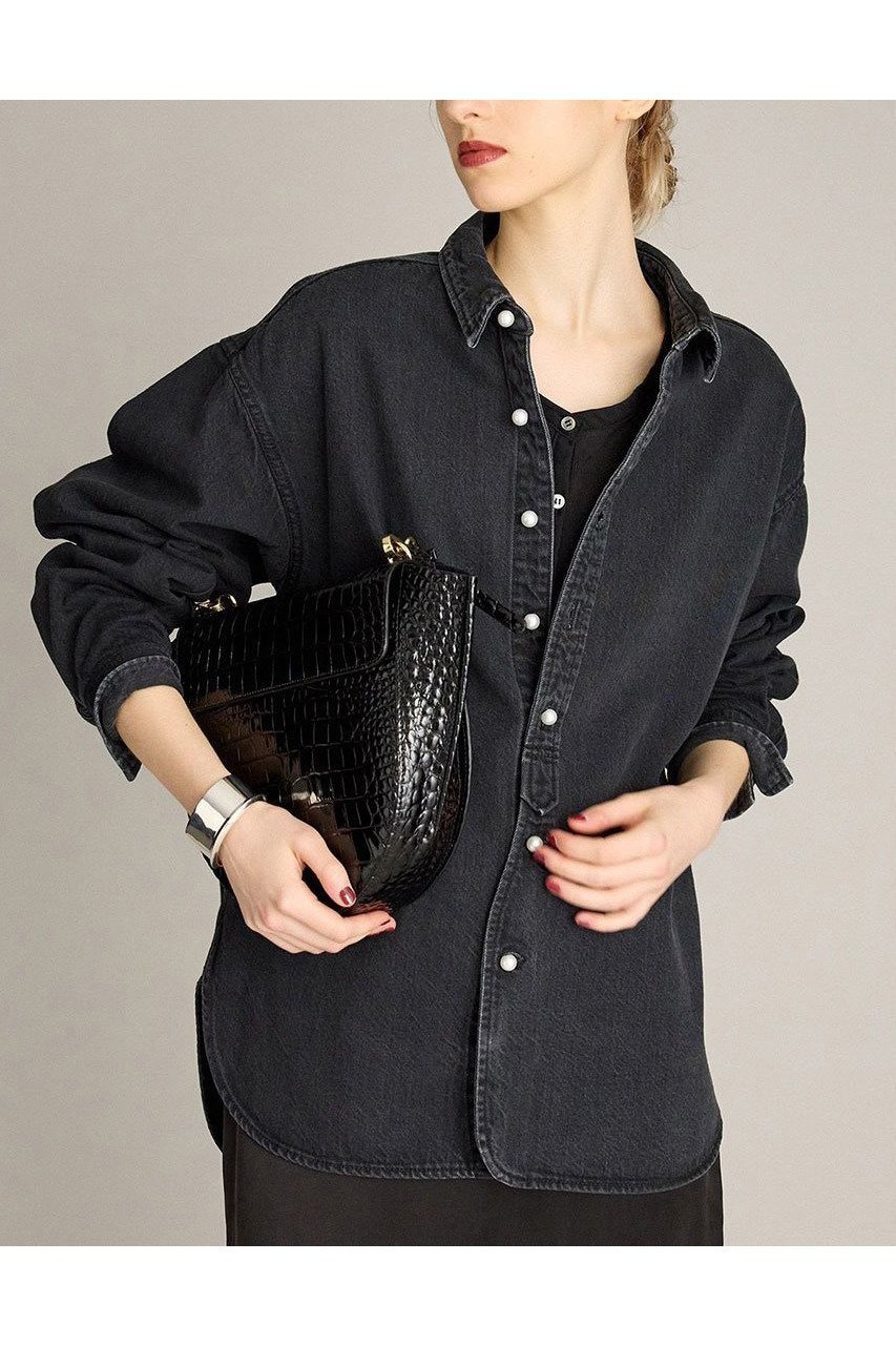 【ブリル/BRILL】のデニムパールシャツ インテリア・キッズ・メンズ・レディースファッション・服の通販 founy(ファニー) 　ファッション　Fashion　レディースファッション　Fashion for Women　トップス・カットソー　Cut & Sew Tops　シャツ・ブラウス・オフィスカジュアル　Elegant Blouses & Button-Ups　ストレート　Straight, Straight Cut　スリーブ　Sleeve, Long Sleeve / Short Sleeve　デニム　Denim, Jeans Material　パール　Pearl, Pearl Accent　ロング　Long, Long-Length　新作・新入荷　New Arrivals / New In　羽織　Haori, Light Jacket　ブラック|ID: prp329100004614077 ipo3291000000033035283
