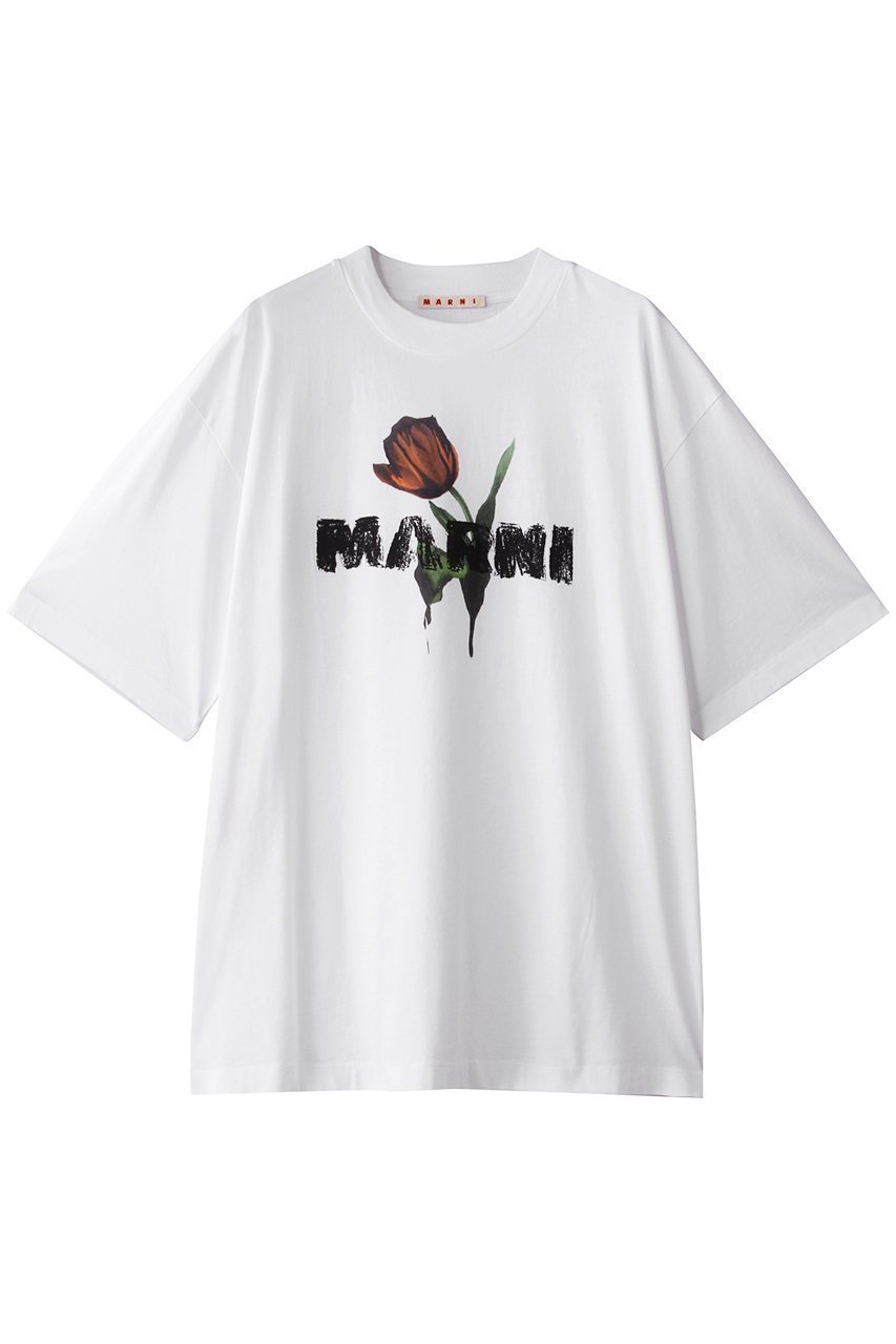 【マルニ/MARNI】のチューリップロゴTシャツ インテリア・キッズ・メンズ・レディースファッション・服の通販 founy(ファニー) 　ファッション　Fashion　レディースファッション　Fashion for Women　トップス・カットソー　Cut & Sew Tops　シャツ・ブラウス・オフィスカジュアル　Elegant Blouses & Button-Ups　ロングTシャツ・Tシャツ　Longline T-Shirts & Tees　カットソー・ベーシックTシャツ　Cut-and-Sewn Tops / Stretch Tees & Basics　2025年　2025　2025-2026秋冬・A/W　Autumn/Winter 2025–26 AW25–26　ショート　Short, Short Length　スリーブ　Sleeve, Long Sleeve / Short Sleeve　チューリップ　Tube, Tube Top　デニム　Denim, Jeans Material　フェミニン　Feminine, Girly　フレア　Flare, Flared　フロント　Front, Front Design　プリント　Print, Printed Pattern　A/W・秋冬　Autumn/Winter　リリーホワイト|ID: prp329100004614964 ipo3291000000033047842
