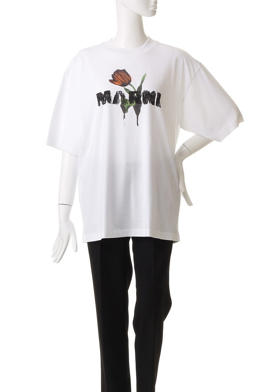 【マルニ/MARNI】のチューリップロゴTシャツ 人気、トレンドファッション・服の通販 founy(ファニー) 　ファッション　Fashion　レディースファッション　Fashion for Women　トップス・カットソー　Cut & Sew Tops　シャツ・ブラウス・オフィスカジュアル　Elegant Blouses & Button-Ups　ロングTシャツ・Tシャツ　Longline T-Shirts & Tees　カットソー・ベーシックTシャツ　Cut-and-Sewn Tops / Stretch Tees & Basics　ショート　Short, Short Length　スリーブ　Sleeve, Long Sleeve / Short Sleeve　チューリップ　Tube, Tube Top　デニム　Denim, Jeans Material　フェミニン　Feminine, Girly　フレア　Flare, Flared　プリント　Print, Printed Pattern　ロンドン　London Style, British Inspired　other-2|ID: prp329100004614964 ipo3291000000035701422