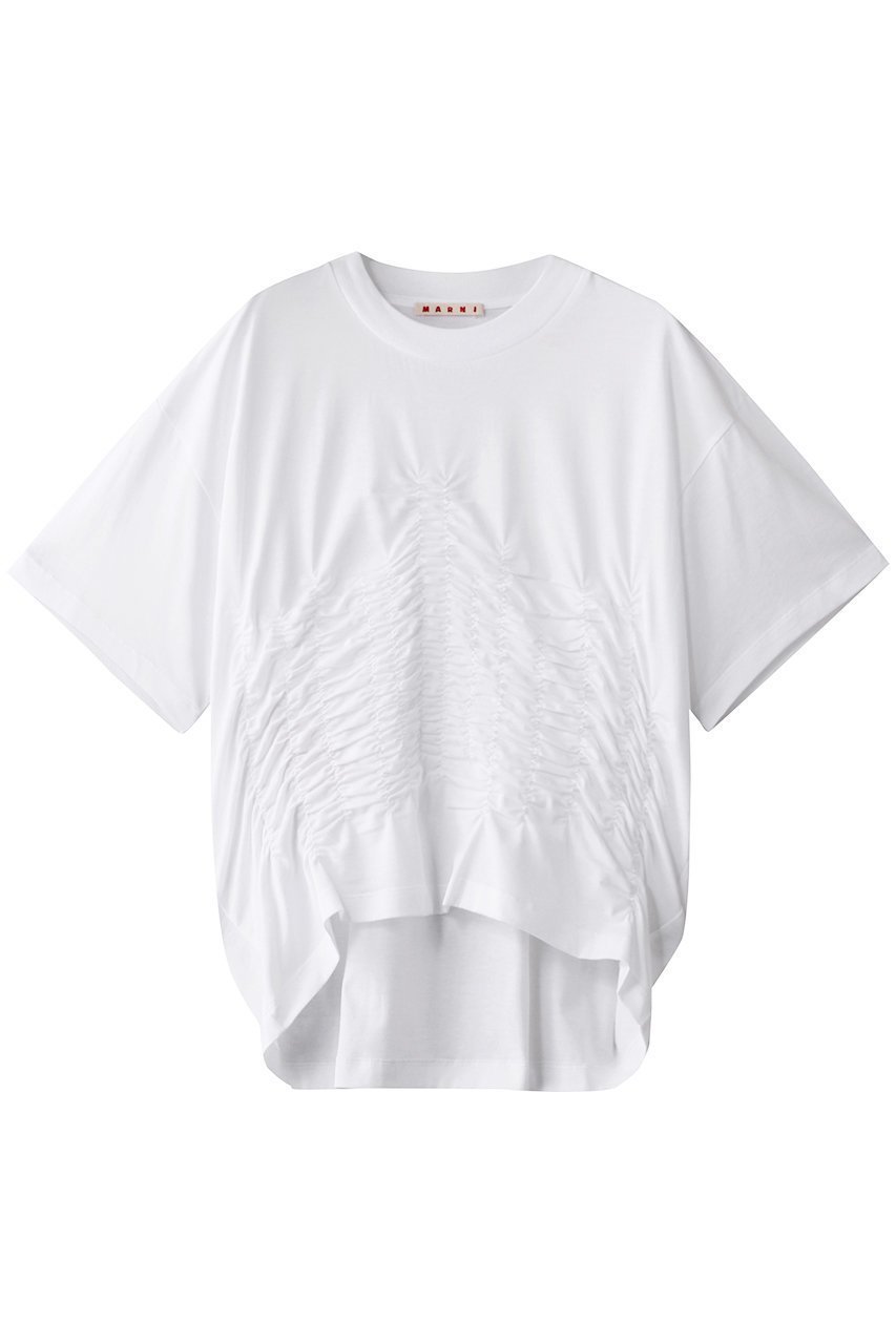【マルニ/MARNI】のオーガニックコットンシャーリングTシャツ インテリア・キッズ・メンズ・レディースファッション・服の通販 founy(ファニー) 　ファッション　Fashion　レディースファッション　Fashion for Women　トップス・カットソー　Cut & Sew Tops　シャツ・ブラウス・オフィスカジュアル　Elegant Blouses & Button-Ups　ロングTシャツ・Tシャツ　Longline T-Shirts & Tees　カットソー・ベーシックTシャツ　Cut-and-Sewn Tops / Stretch Tees & Basics　2025年　2025　2025-2026秋冬・A/W　Autumn/Winter 2025–26 AW25–26　シャーリング　Shirring, Ruched　ショート　Short, Short Length　スリーブ　Sleeve, Long Sleeve / Short Sleeve　フロント　Front, Front Design　ワイド　Wide, Wide Fit　定番　Standard, Basic Item　無地　Plain, Solid Color　A/W・秋冬　Autumn/Winter　リリーホワイト|ID: prp329100004614966 ipo3291000000033047853