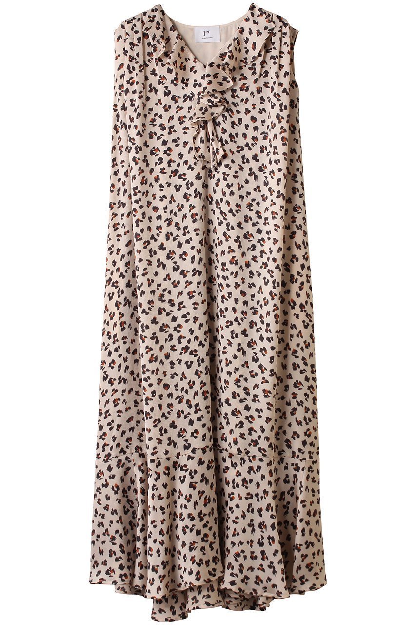 【プルミエ アロンディスモン/1er Arrondissement】のレオパードプリントワンピース インテリア・キッズ・メンズ・レディースファッション・服の通販 founy(ファニー) 　ファッション　Fashion　レディースファッション　Fashion for Women　ワンピース　Dresses　チュニック　Tunic Tops & Dresses　カーディガン　Cardigan, Knitwear　ジャケット　Jacket, Outerwear　チュニック　Tunic, Long Top　フリル　Frill, Ruffle　レオパード　Leopard, Animal Print　ロング　Long, Long-Length　A/W・秋冬　Autumn/Winter　ベージュ|ID: prp329100004615958 ipo3291000000035937250