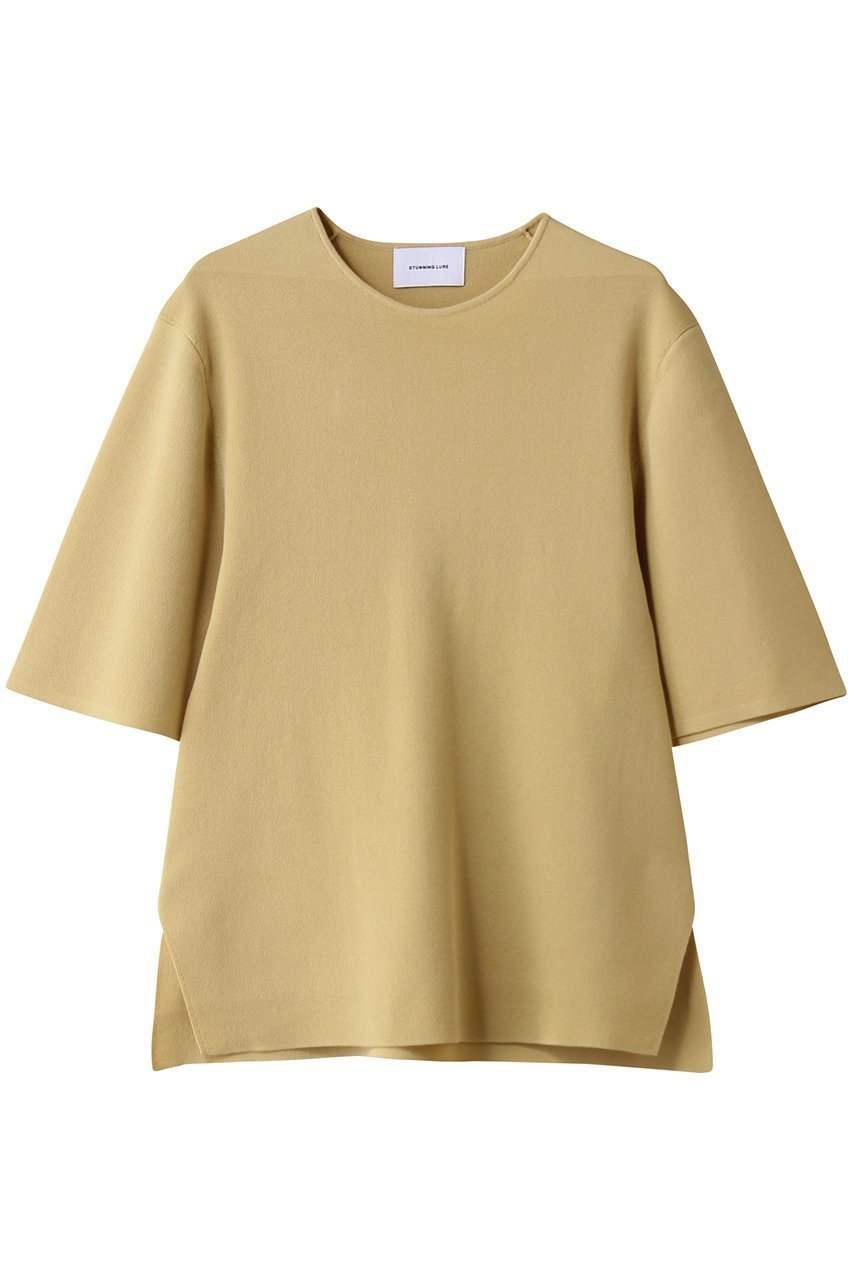 【スタニングルアー/STUNNING LURE】のrハーフスリーブニットTシャツ インテリア・キッズ・メンズ・レディースファッション・服の通販 founy(ファニー) 　ファッション　Fashion　レディースファッション　Fashion for Women　トップス・カットソー　Cut & Sew Tops　ニット　Knit Tops & Sweaters　シャツ・ブラウス・オフィスカジュアル　Elegant Blouses & Button-Ups　ロングTシャツ・Tシャツ　Longline T-Shirts & Tees　カジュアルプルオーバー・ニットトップス　Pullovers & Knit Tops / Casual Pullovers　シェイプ　Shape, Slim Fit　ショルダー　Shoulder, Shoulder Strap　夏　Summer　イエロー|ID: prp329100004616046 ipo3291000000033216498