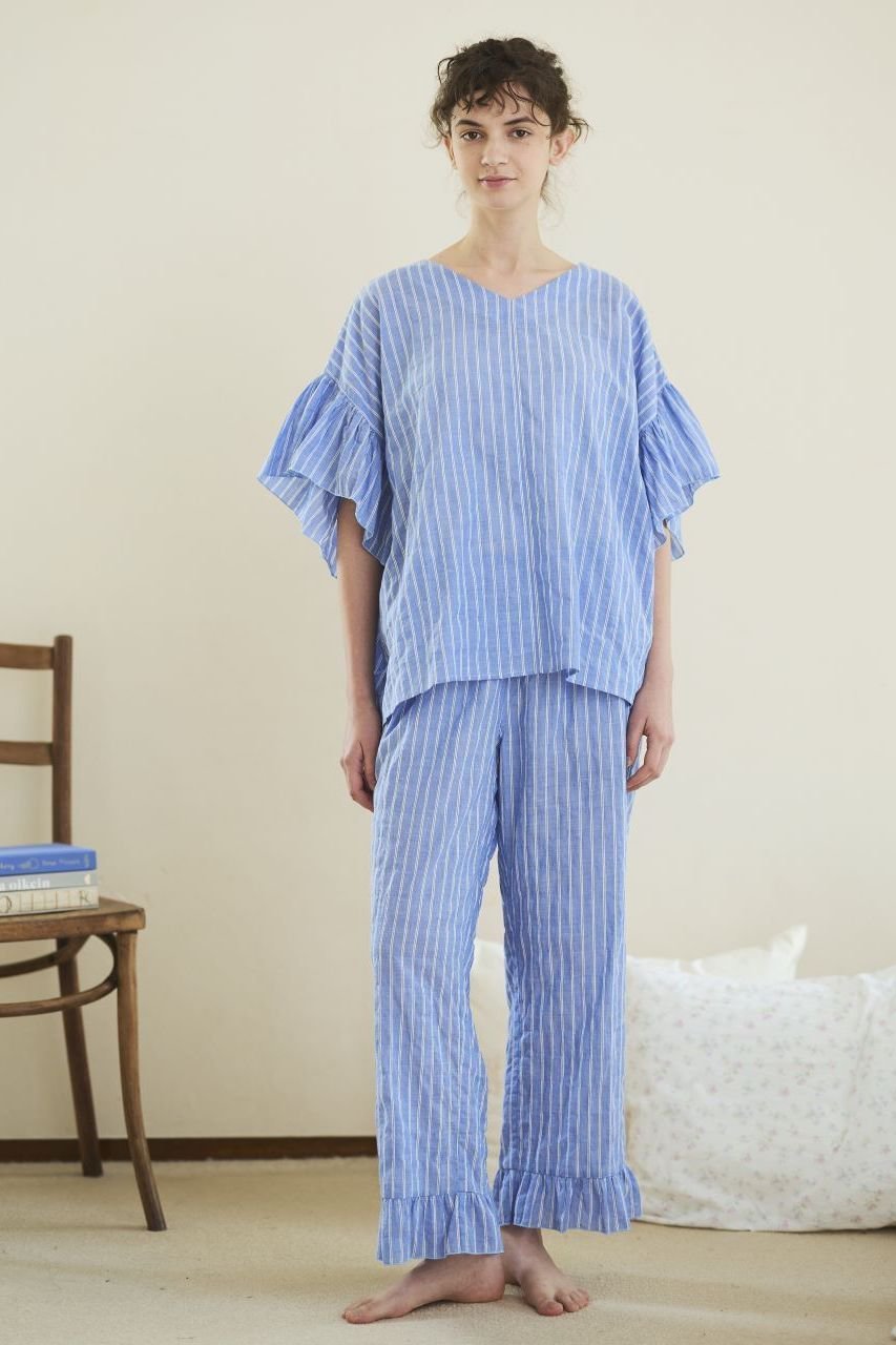 【ナナデコール/nanadecor】のユーカリストライプローズマリーVトップス 人気、トレンドファッション・服の通販 founy(ファニー) 　ファッション　Fashion　レディースファッション　Fashion for Women　トップス・カットソー　Cut & Sew Tops　ストライプ　Stripe, Striped Pattern　パジャマ　Pajamas, Sleepwear　フリル　Frill, Ruffle　リラックス　Relax, Relaxed Fit　新作・新入荷　New Arrivals / New In　other-6|ID: prp329100004616075 ipo3291000000033060985