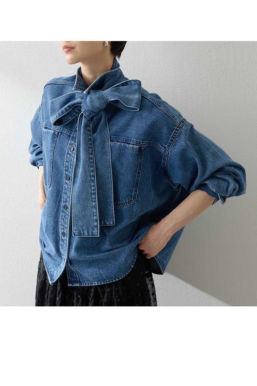 【ウィムガゼット/Whim Gazette】のデニムボウタイシャツ インテリア・キッズ・メンズ・レディースファッション・服の通販 founy(ファニー) 　ファッション　Fashion　レディースファッション　Fashion for Women　トップス・カットソー　Cut & Sew Tops　シャツ・ブラウス・オフィスカジュアル　Elegant Blouses & Button-Ups　シンプル　Simple, Minimal　スリーブ　Sleeve, Long Sleeve / Short Sleeve　セットアップ　Set-Up, Coordinated Outfit　デニム　Denim, Jeans Material　ドレープ　Drape, Draping Fabric　バランス　Balance, Style Balance　フェミニン　Feminine, Girly　ブリーチ　Bleach, Washed Finish　ロング　Long, Long-Length　A/W・秋冬　Autumn/Winter　おすすめ　Recommended / Our Picks　2025年　2025　2025-2026秋冬・A/W　Autumn/Winter 2025–26 AW25–26　ブルー|ID: prp329100004619145 ipo3291000000033123951