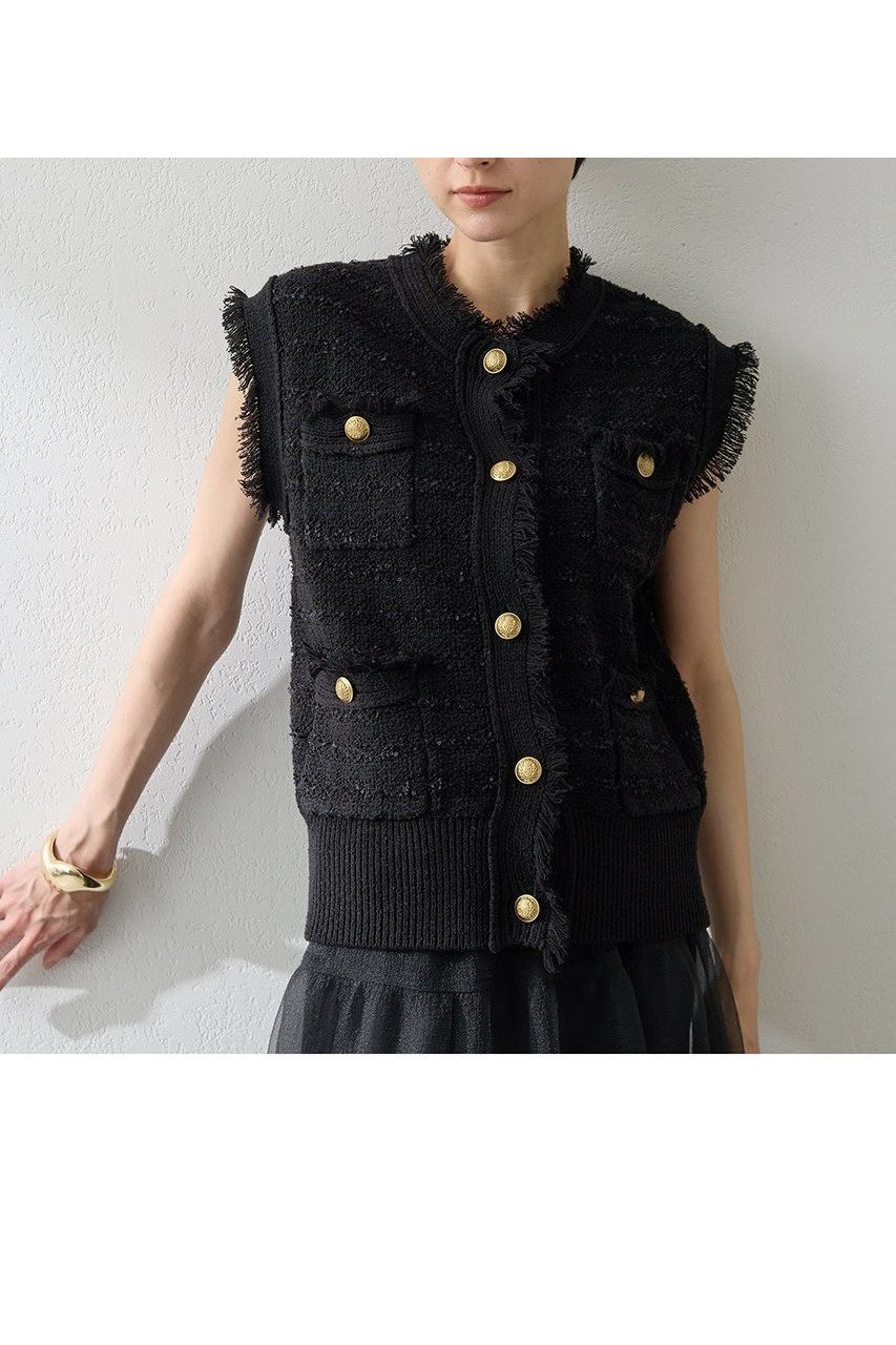 【ウィムガゼット/Whim Gazette】のツィードニットジレ インテリア・キッズ・メンズ・レディースファッション・服の通販 founy(ファニー) 　ファッション　Fashion　レディースファッション　Fashion for Women　アウター　Coat / Outerwear Collection　レディースジャケット・軽アウター　Jackets　2025年　2025　2025-2026秋冬・A/W　Autumn/Winter 2025–26 AW25–26　クラシカル　Classical, Vintage-Inspired　クラシック　Classic, Timeless Style　ジャケット　Jacket, Outerwear　ツイード　Twill, Twill Weave　ベスト　Vest, Waistcoat　ミックス　Mix, Mixed Style　モダン　Modern, Contemporary　ラグジュアリー　Luxury, Elegant　A/W・秋冬　Autumn/Winter　ブラック|ID: prp329100004619153 ipo3291000000033124038