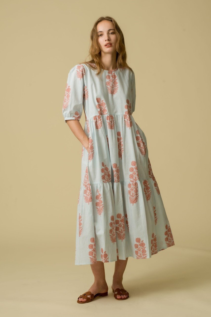 【エスゼット ブロックプリント/SZ Blockprints】のGAIA DRESS POPPY ON THIN STRIPE ティアードドレス 人気、トレンドファッション・服の通販 founy(ファニー) 　ファッション　Fashion　レディースファッション　Fashion for Women　ワンピース　Dresses　フォーマル・パーティードレス・結婚式用ドレス　Elegant & Casual Dresses　チュニック　Tunic Tops & Dresses　コンビ　Combo, Combination Style　ストライプ　Stripe, Striped Pattern　チュニック　Tunic, Long Top　ドレス　Dress, One-Piece　フェミニン　Feminine, Girly　リゾート　Resort, Vacation Style　other-8|ID: prp329100004621167 ipo3291000000036225645