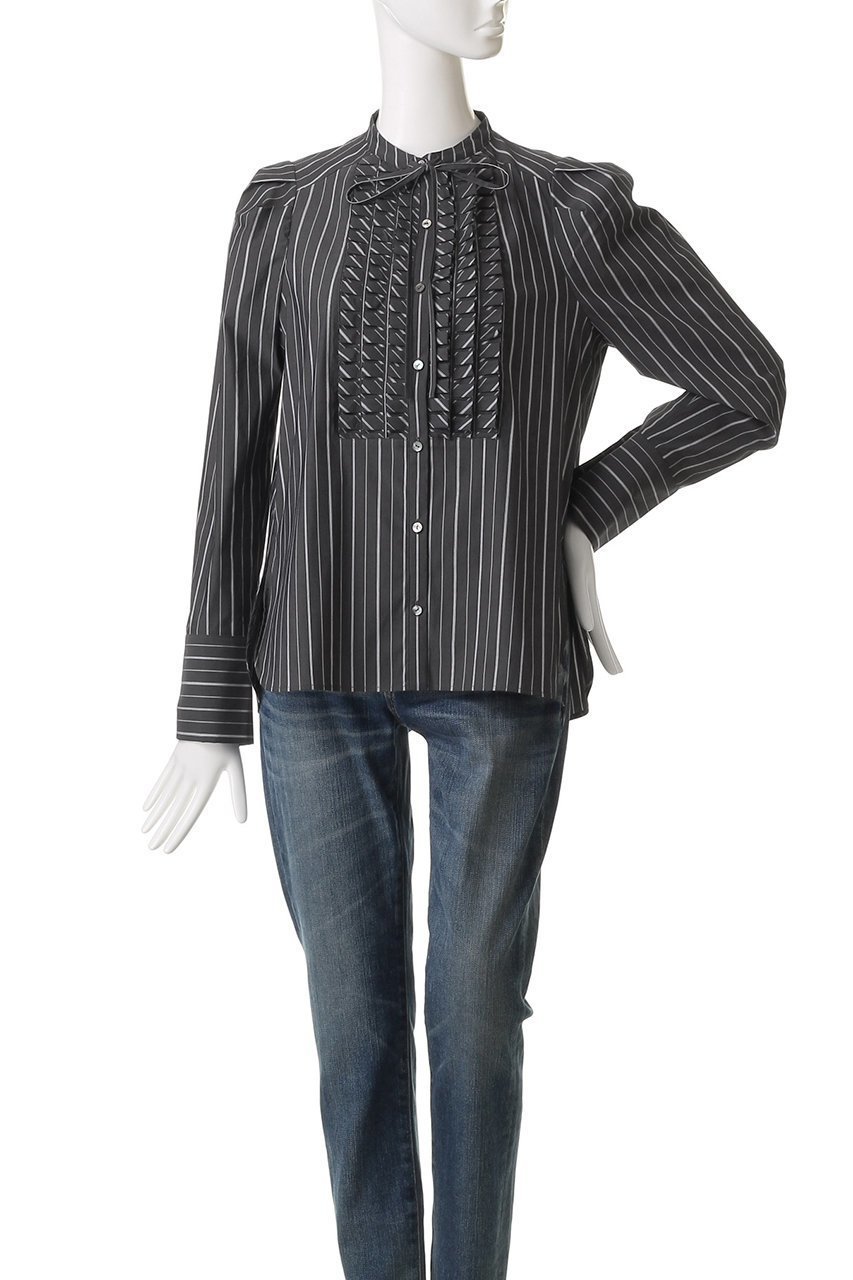 【マリリンムーン/MARILYN MOON】のタックフリルストライプブラウス 人気、トレンドファッション・服の通販 founy(ファニー) 　ファッション　Fashion　レディースファッション　Fashion for Women　トップス・カットソー　Cut & Sew Tops　シャツ・ブラウス・オフィスカジュアル　Elegant Blouses & Button-Ups　オケージョン　Occasion Wear　カフス　Cuff Design　クラシック　Classic, Timeless Style　ショルダー　Shoulder, Shoulder Strap　ストライプ　Stripe, Striped Pattern　スリーブ　Sleeve, Long Sleeve / Short Sleeve　フィット　Fit, Slim Fit　フリル　Frill, Ruffle　モダン　Modern, Contemporary　リボン　Ribbon, Bow　ロング　Long, Long-Length　ビジネス 仕事 通勤　Business / Work / Commuting　other-2|ID: prp329100004621201 ipo3291000000035300668