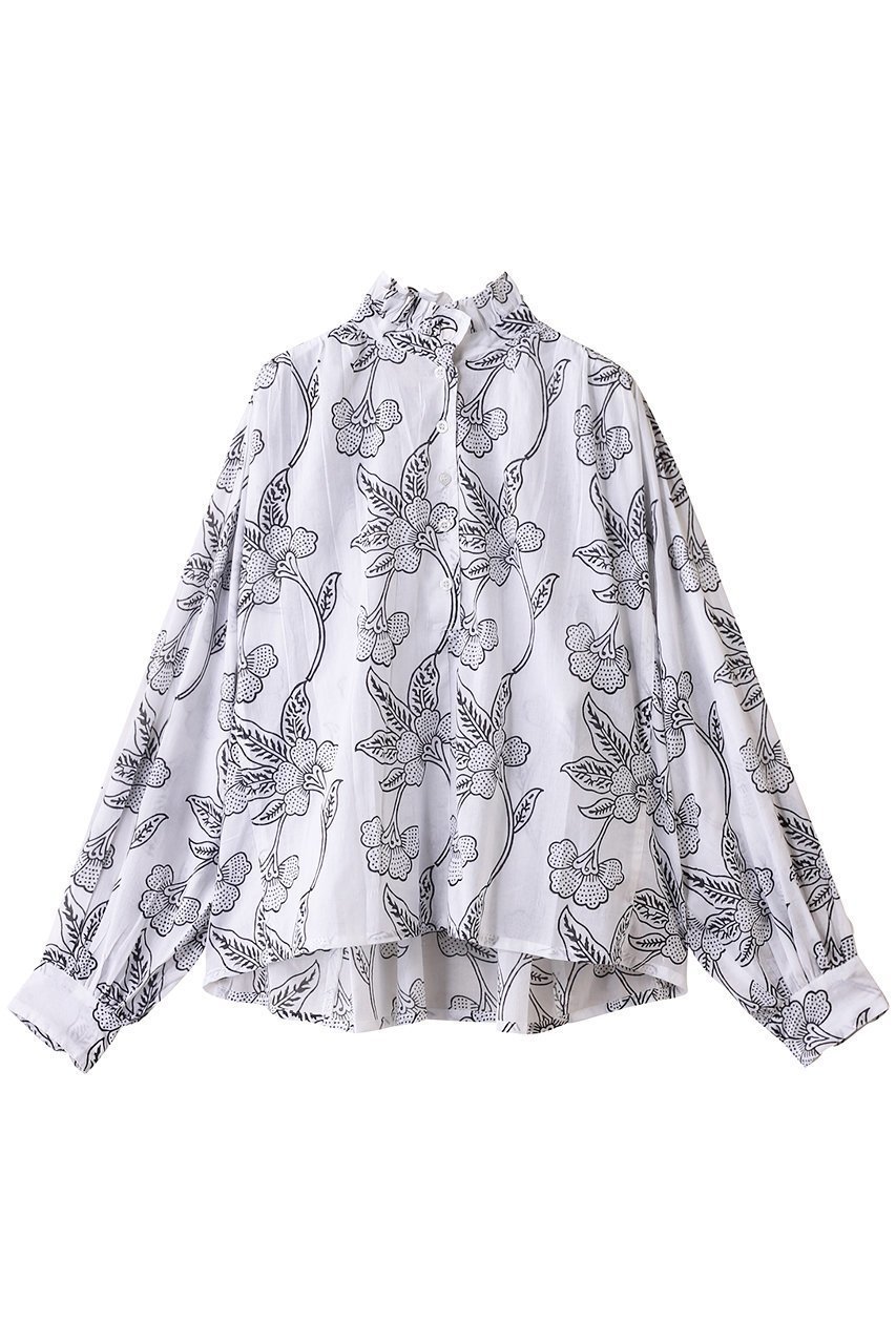 【エスゼット ブロックプリント/SZ Blockprints】のKALI TOP ORCHID フリルスタンドカラーシャツ インテリア・キッズ・メンズ・レディースファッション・服の通販 founy(ファニー) 　ファッション　Fashion　レディースファッション　Fashion for Women　トップス・カットソー　Cut & Sew Tops　シャツ・ブラウス・オフィスカジュアル　Elegant Blouses & Button-Ups　2025年　2025　2025-2026秋冬・A/W　Autumn/Winter 2025–26 AW25–26　スタンド　Stand Collar, Upright Stand　スリーブ　Sleeve, Long Sleeve / Short Sleeve　フリル　Frill, Ruffle　プリント　Print, Printed Pattern　ボトム　Bottoms, Lower Wear　リゾート　Resort, Vacation Style　ロング　Long, Long-Length　エレガント 上品　Elegant　A/W・秋冬　Autumn/Winter　ネイビー|ID: prp329100004621218 ipo3291000000033155342