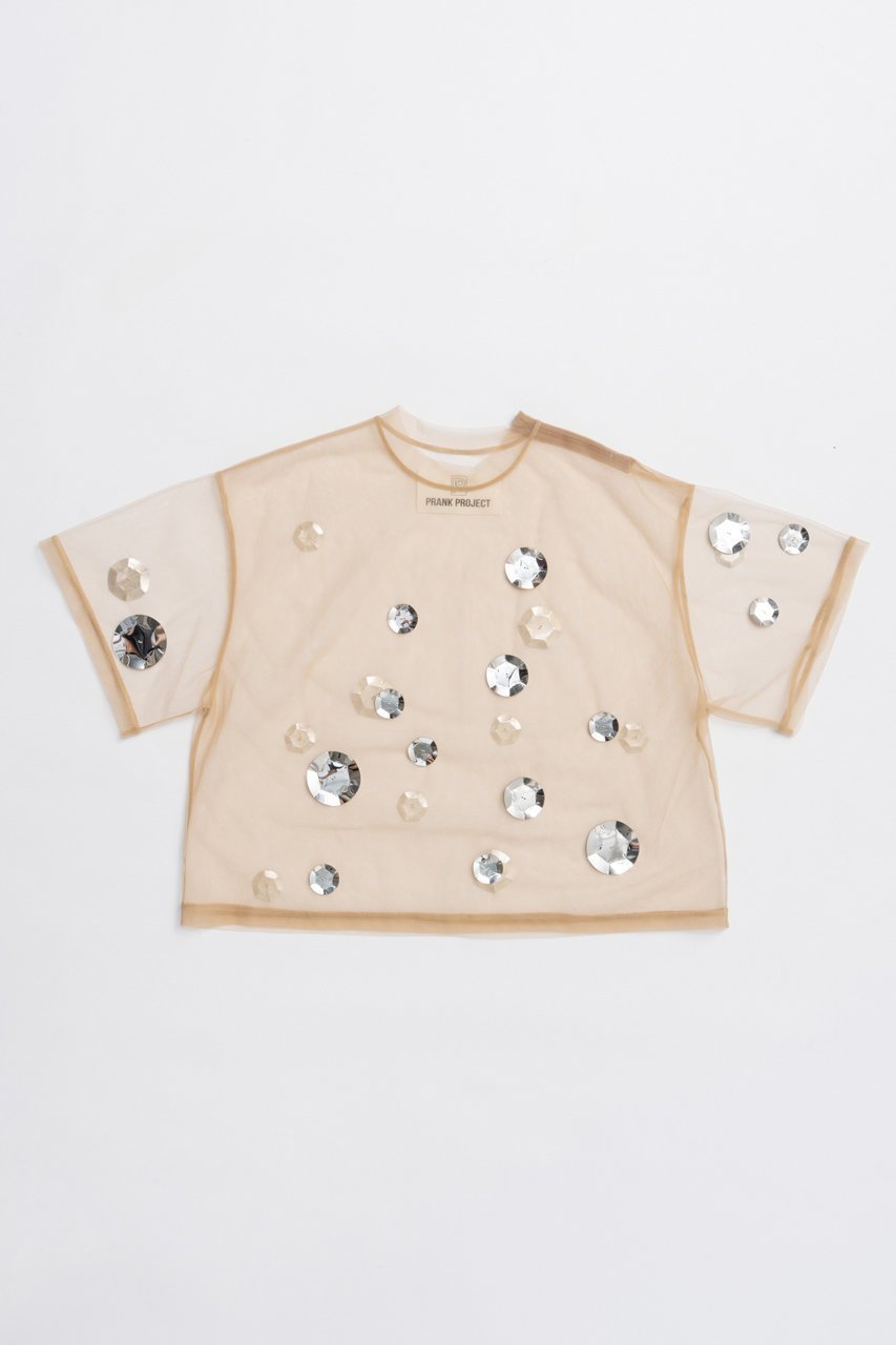 【プランク プロジェクト/PRANK PROJECT】のスパンコールTシャツ / Spankole T-shirt インテリア・キッズ・メンズ・レディースファッション・服の通販 founy(ファニー) 　ファッション　Fashion　レディースファッション　Fashion for Women　トップス・カットソー　Cut & Sew Tops　シャツ・ブラウス・オフィスカジュアル　Elegant Blouses & Button-Ups　ロングTシャツ・Tシャツ　Longline T-Shirts & Tees　カットソー・ベーシックTシャツ　Cut-and-Sewn Tops / Stretch Tees & Basics　ショート　Short, Short Length　スパンコール　Sequins, Sequin Embellishment　スリーブ　Sleeve, Long Sleeve / Short Sleeve　チュール　Tulip, Tulip Motif　BGE(ベージュ)|ID: prp329100004622111 ipo3291000000033169410