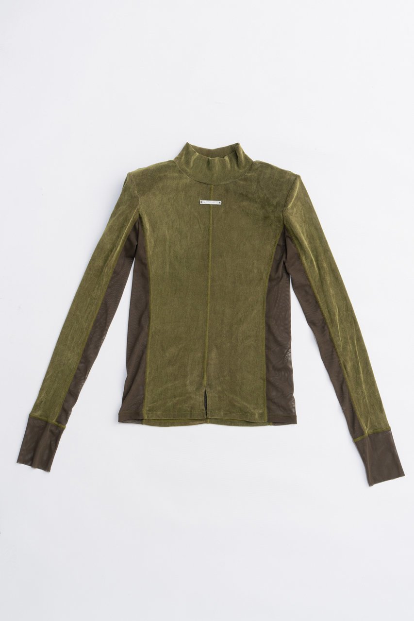 【プランク プロジェクト/PRANK PROJECT】のベロアタートルトップ / Velour Turtleneck Top インテリア・キッズ・メンズ・レディースファッション・服の通販 founy(ファニー) ファッション Fashion レディースファッション Fashion for Women トップス・カットソー Cut & Sew Tops シャツ・ブラウス・オフィスカジュアル Elegant Blouses & Button-Ups ロングTシャツ・Tシャツ Longline T-Shirts & Tees カットソー・ベーシックTシャツ Cut-and-Sewn Tops / Stretch Tees & Basics ベロアトップス Velour Tops / Velvet-Look Items タートルネック・ハイネックトップス Turtlenecks & High-Neck Tops インナー Innerwear シンプル Simple, Minimal スクエア Square, Square Shape スリーブ Sleeve, Long Sleeve / Short Sleeve ドッキング Docking, Mixed Material ベロア Velour, Soft Velvet メッシュ Mesh, Net Fabric ロング Long, Long-Length 再入荷 Restock / Back in Stock 切替 Switching, Contrast Panel KHK(カーキ)|ID: prp329100004624642 ipo3291000000033215940