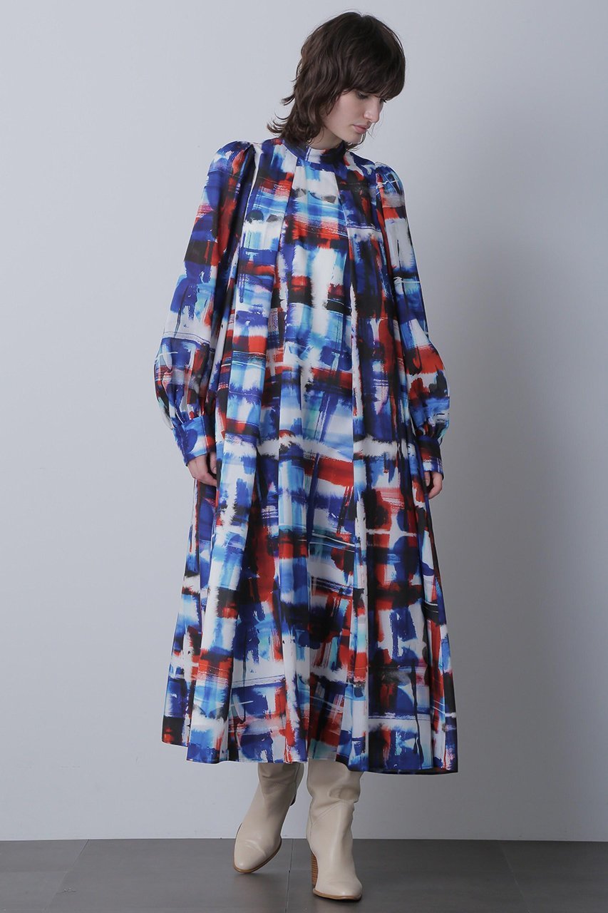 【ヒューエルミュージアム/hueLe Museum】の【STUMBLY】Art Check Print Dress インテリア・キッズ・メンズ・レディースファッション・服の通販 founy(ファニー) 　ファッション　Fashion　レディースファッション　Fashion for Women　ワンピース　Dresses　フォーマル・パーティードレス・結婚式用ドレス　Elegant & Casual Dresses　チュニック　Tunic Tops & Dresses　スタンド　Stand Collar, Upright Stand　チェック　Check, Plaid, Tartan　チュニック　Tunic, Long Top　ドレス　Dress, One-Piece　プリント　Print, Printed Pattern　リボン　Ribbon, Bow　ロング　Long, Long-Length　ブルー|ID: prp329100004624681 ipo3291000000033216257