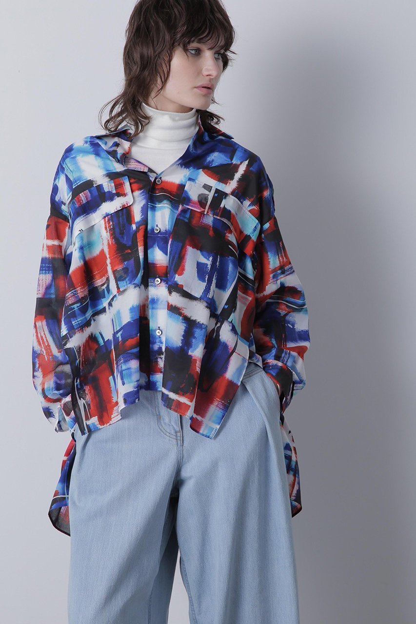 【ヒューエルミュージアム/hueLe Museum】の【STUMBLY】Art Check Print Shirts インテリア・キッズ・メンズ・レディースファッション・服の通販 founy(ファニー) 　ファッション　Fashion　レディースファッション　Fashion for Women　トップス・カットソー　Cut & Sew Tops　シャツ・ブラウス・オフィスカジュアル　Elegant Blouses & Button-Ups　ロングTシャツ・Tシャツ　Longline T-Shirts & Tees　スリーブ　Sleeve, Long Sleeve / Short Sleeve　チェック　Check, Plaid, Tartan　プリント　Print, Printed Pattern　ミリタリー　Military, Army Style　ロング　Long, Long-Length　ブルー|ID: prp329100004624696 ipo3291000000033216381
