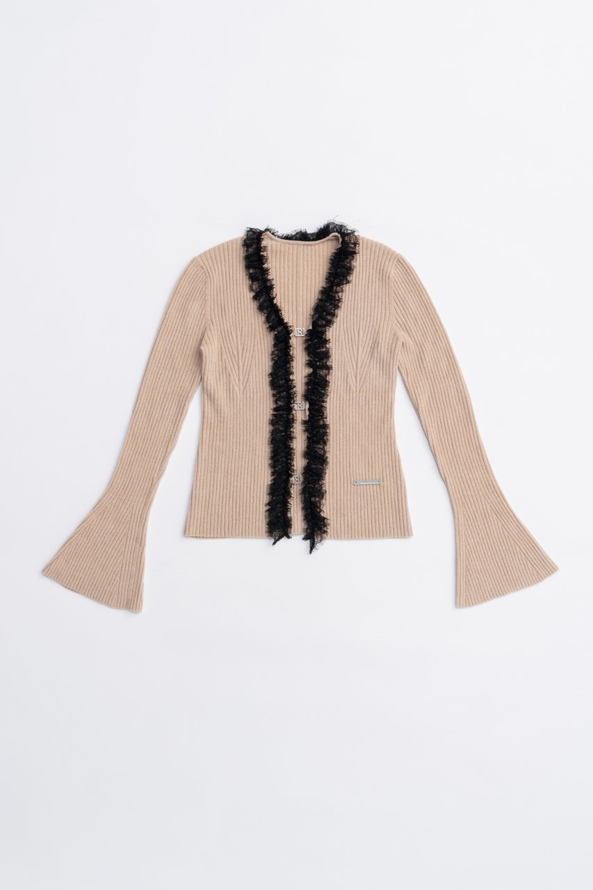 【プランク プロジェクト/PRANK PROJECT】のレーストリムニットカーディガン / Lace Trim Knit Cardigan インテリア・キッズ・メンズ・レディースファッション・服の通販 founy(ファニー) 　ファッション　Fashion　レディースファッション　Fashion for Women　トップス・カットソー　Cut & Sew Tops　ニット　Knit Tops & Sweaters　カーディガン・羽織り　Layered Style Cardigans　2025年　2025　2025-2026秋冬・A/W　Autumn/Winter 2025–26 AW25–26　おすすめ　Recommended / Our Picks　カーディガン　Cardigan, Knitwear　スラックス　Slacks, Dress Pants　チャーム　Charm, Pendant　フィット　Fit, Slim Fit　フレアースリーブ　Flared Sleeve, Bell Sleeve　フロント　Front, Front Design　ベロア　Velour, Soft Velvet　ボトム　Bottoms, Lower Wear　レース　Lace, Lace Fabric　ワイド　Wide, Wide Fit　エレガント 上品　Elegant　A/W・秋冬　Autumn/Winter　BGE(ベージュ)|ID: prp329100004624711 ipo3291000000033216561