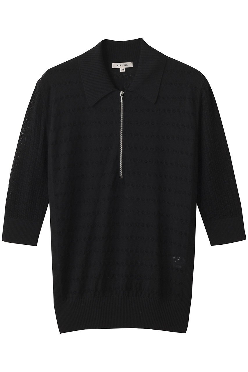【ブラミンク/BLAMINK】のレースジップハーフスリーブニット インテリア・キッズ・メンズ・レディースファッション・服の通販 founy(ファニー) 　ファッション　Fashion　レディースファッション　Fashion for Women　トップス・カットソー　Cut & Sew Tops　ニット　Knit Tops & Sweaters　カジュアルプルオーバー・ニットトップス　Pullovers & Knit Tops / Casual Pullovers　2025年　2025　2025-2026秋冬・A/W　Autumn/Winter 2025–26 AW25–26　スポーティ　Sporty, Casual Athletic　デニム　Denim, Jeans Material　フェミニン　Feminine, Girly　レース　Lace, Lace Fabric　A/W・秋冬　Autumn/Winter　ブラック|ID: prp329100004624722 ipo3291000000033216661