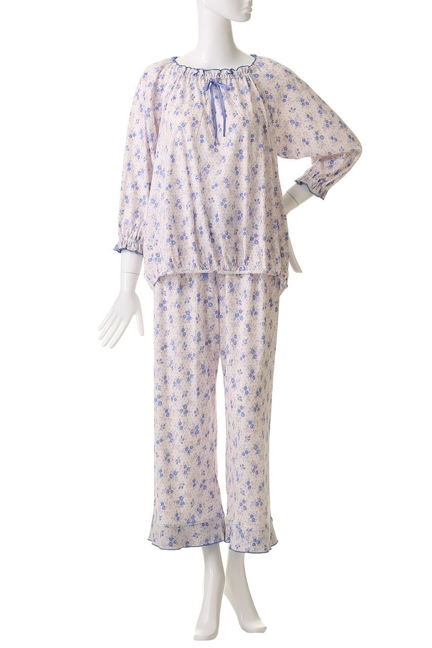 【キッドブルー/KID BLUE】のピンドットフラワーNパジャマ 人気、トレンドファッション・服の通販 founy(ファニー) 　ファッション　Fashion　レディースファッション　Fashion for Women　トップス・カットソー　Cut & Sew Tops　お家時間・ステイホーム　Stay Home / At Home　スリーブ　Sleeve, Long Sleeve / Short Sleeve　ドット　Polka Dot, Dot Pattern　パジャマ　Pajamas, Sleepwear　フェミニン　Feminine, Girly　フロント　Front, Front Design　ヘムライン　Hemline, Bottom Cut　リボン　Ribbon, Bow　リラックス　Relax, Relaxed Fit　再入荷　Restock / Back in Stock　other-2|ID: prp329100004624737 ipo3291000000034951676