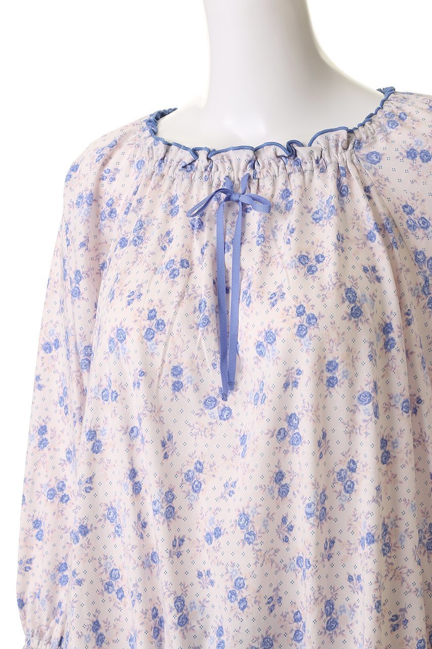 【キッドブルー/KID BLUE】のピンドットフラワーNパジャマ 人気、トレンドファッション・服の通販 founy(ファニー) 　ファッション　Fashion　レディースファッション　Fashion for Women　トップス・カットソー　Cut & Sew Tops　お家時間・ステイホーム　Stay Home / At Home　スリーブ　Sleeve, Long Sleeve / Short Sleeve　ドット　Polka Dot, Dot Pattern　パジャマ　Pajamas, Sleepwear　フェミニン　Feminine, Girly　フロント　Front, Front Design　ヘムライン　Hemline, Bottom Cut　リボン　Ribbon, Bow　リラックス　Relax, Relaxed Fit　再入荷　Restock / Back in Stock　other-5|ID: prp329100004624737 ipo3291000000034951679