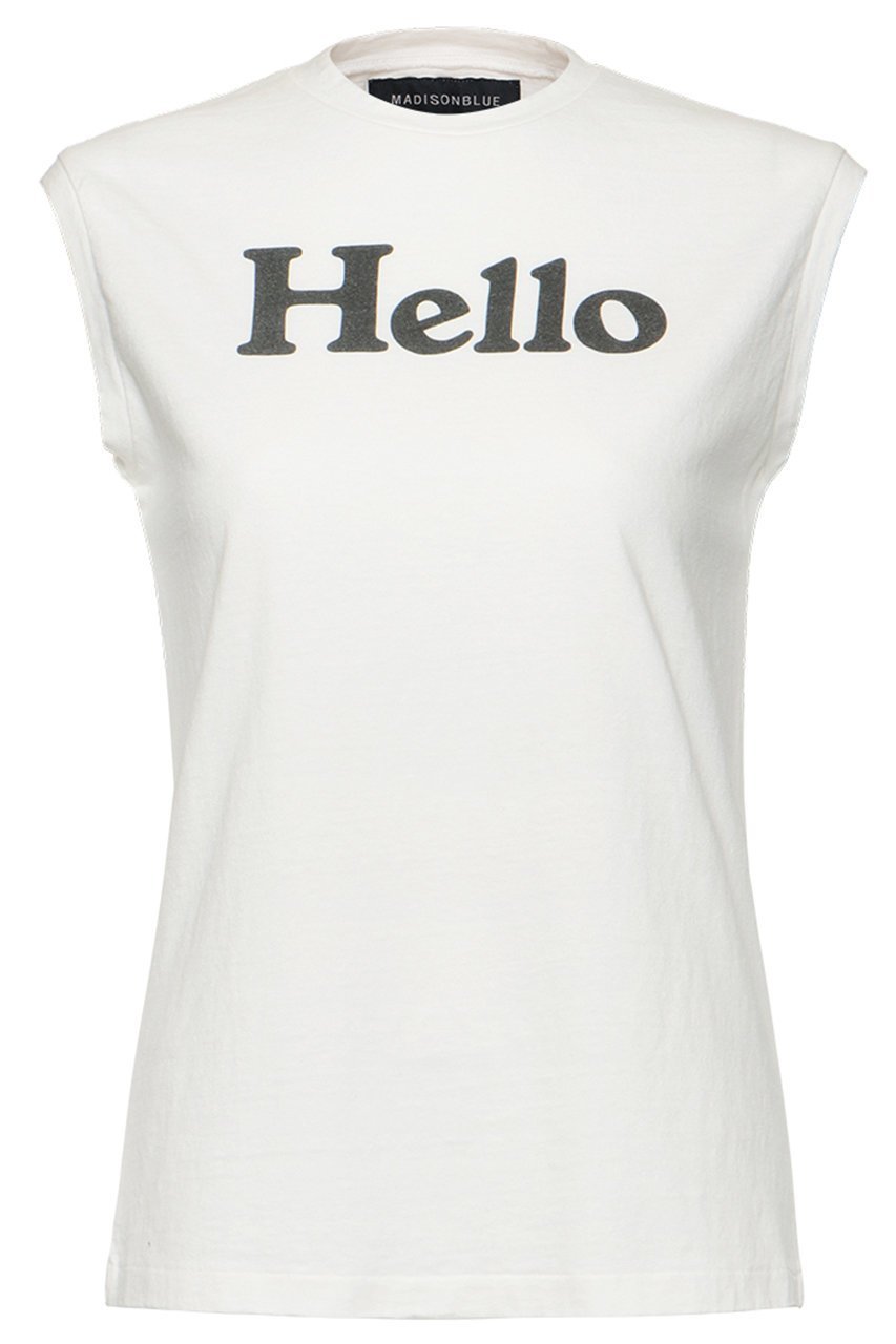【マディソンブルー/MADISONBLUE】のHELLO NOSLEEVE TEE/HELLO ノースリーブ Tシャツ インテリア・キッズ・メンズ・レディースファッション・服の通販 founy(ファニー) 　ファッション　Fashion　レディースファッション　Fashion for Women　トップス・カットソー　Cut & Sew Tops　キャミソール&ノースリーブ　Camisoles & Sleeveless Tops　シャツ・ブラウス・オフィスカジュアル　Elegant Blouses & Button-Ups　ロングTシャツ・Tシャツ　Longline T-Shirts & Tees　カットソー・ベーシックTシャツ　Cut-and-Sewn Tops / Stretch Tees & Basics　2025年　2025　2025-2026秋冬・A/W　Autumn/Winter 2025–26 AW25–26　インナー　Innerwear　キャミソール　Camisole, Spaghetti Strap Top　ジャケット　Jacket, Outerwear　タンク　Tank Top, Sleeveless Top　ノースリーブ　Sleeveless, No-Sleeve　プリント　Print, Printed Pattern　再入荷　Restock / Back in Stock　夏　Summer　春　Spring　S/S・春夏　SS, Spring/Summer, Warm Season　A/W・秋冬　Autumn/Winter　ホワイト|ID: prp329100004626328 ipo3291000000033244041
