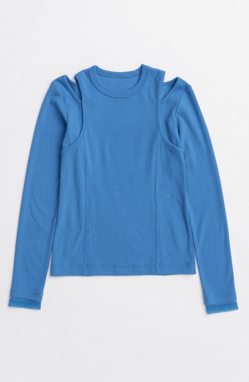 【メゾンスペシャル/MAISON SPECIAL】のShoulder Slit Ribbed Tops/ショルダースリットリブトップス インテリア・キッズ・メンズ・レディースファッション・服の通販 founy(ファニー) 　ファッション　Fashion　レディースファッション　Fashion for Women　トップス・カットソー　Cut & Sew Tops　シャツ・ブラウス・オフィスカジュアル　Elegant Blouses & Button-Ups　ロングTシャツ・Tシャツ　Longline T-Shirts & Tees　カットソー・ベーシックTシャツ　Cut-and-Sewn Tops / Stretch Tees & Basics　シアー　Sheer, See-Through　ショルダー　Shoulder, Shoulder Strap　シンプル　Simple, Minimal　スリット　Slit, Slit Detail　スリーブ　Sleeve, Long Sleeve / Short Sleeve　ロング　Long, Long-Length　BLU(ブルー)|ID: prp329100004626356 ipo3291000000033244287
