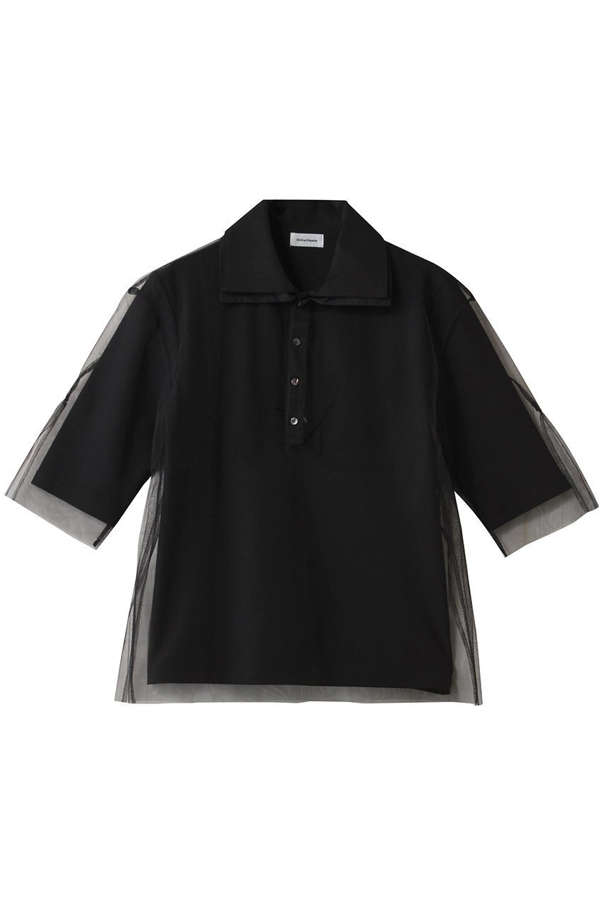 【チカ キサダ/CHIKA KISADA】のチュール レイヤー 襟付きプルオーバー インテリア・キッズ・メンズ・レディースファッション・服の通販 founy(ファニー) 　ファッション　Fashion　レディースファッション　Fashion for Women　トップス・カットソー　Cut & Sew Tops　シャツ・ブラウス・オフィスカジュアル　Elegant Blouses & Button-Ups　ロングTシャツ・Tシャツ　Longline T-Shirts & Tees　カジュアルプルオーバー・ニットトップス　Pullovers & Knit Tops / Casual Pullovers　カットソー・ベーシックTシャツ　Cut-and-Sewn Tops / Stretch Tees & Basics　ショート　Short, Short Length　シンプル　Simple, Minimal　スリーブ　Sleeve, Long Sleeve / Short Sleeve　チュール　Tulip, Tulip Motif　フレア　Flare, Flared　マニッシュ　Mannish, Boyish　エレガント 上品　Elegant　ブラック|ID: prp329100004627478 ipo3291000000035356542