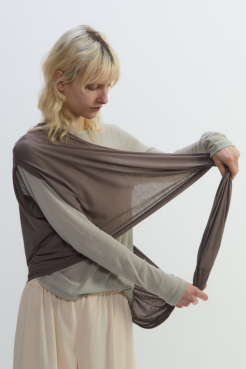 【プレインピープル/PLAIN PEOPLE】のシア―ハイツイストフライスショール型レイヤードTシャツ 人気、トレンドファッション・服の通販 founy(ファニー) 　ファッション　Fashion　レディースファッション　Fashion for Women　トップス・カットソー　Cut & Sew Tops　シャツ・ブラウス・オフィスカジュアル　Elegant Blouses & Button-Ups　ロングTシャツ・Tシャツ　Longline T-Shirts & Tees　カットソー・ベーシックTシャツ　Cut-and-Sewn Tops / Stretch Tees & Basics　ショール　Shawl, Wrap　スリーブ　Sleeve, Long Sleeve / Short Sleeve　ドレープ　Drape, Draping Fabric　ベスト　Vest, Waistcoat　ベーシック　Basic, Essential　ロング　Long, Long-Length　長袖　Long Sleeve, Full Sleeve　other-4|ID: prp329100004627480 ipo3291000000035644823