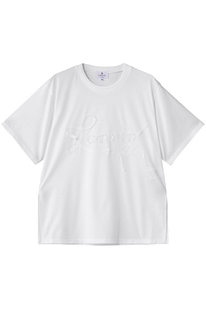 【ランバン オン ブルー/LANVIN en Bleu】のグログランテープロゴ刺しゅうTシャツ インテリア・キッズ・メンズ・レディースファッション・服の通販 founy(ファニー) 　ファッション　Fashion　レディースファッション　Fashion for Women　トップス・カットソー　Cut & Sew Tops　シャツ・ブラウス・オフィスカジュアル　Elegant Blouses & Button-Ups　ロングTシャツ・Tシャツ　Longline T-Shirts & Tees　カットソー・ベーシックTシャツ　Cut-and-Sewn Tops / Stretch Tees & Basics　ショート　Short, Short Length　シンプル　Simple, Minimal　スラックス　Slacks, Dress Pants　スリーブ　Sleeve, Long Sleeve / Short Sleeve　デニム　Denim, Jeans Material　フロント　Front, Front Design　新作・新入荷　New Arrivals / New In　オフ|ID: prp329100004630023 ipo3291000000033298425