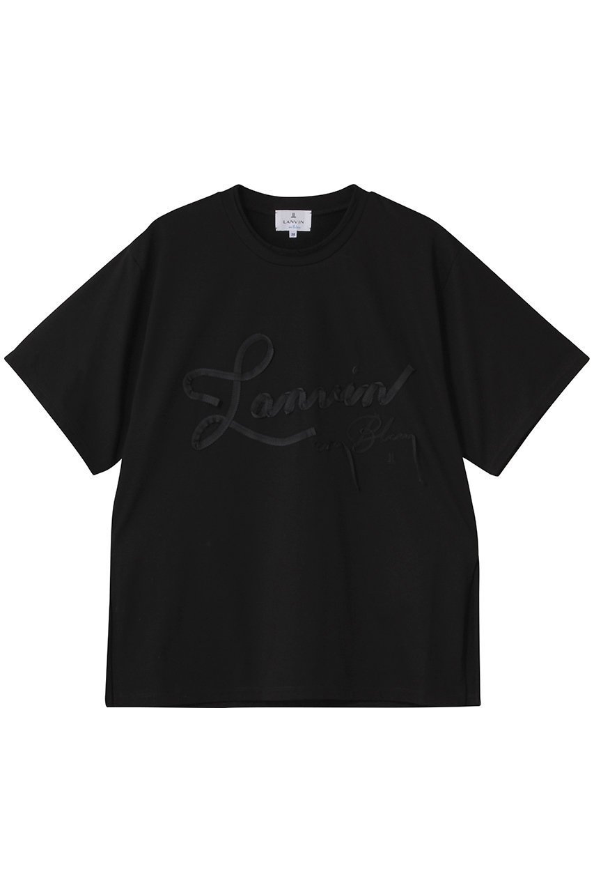 【ランバン オン ブルー/LANVIN en Bleu】のグログランテープロゴ刺しゅうTシャツ インテリア・キッズ・メンズ・レディースファッション・服の通販 founy(ファニー) 　ファッション　Fashion　レディースファッション　Fashion for Women　トップス・カットソー　Cut & Sew Tops　シャツ・ブラウス・オフィスカジュアル　Elegant Blouses & Button-Ups　ロングTシャツ・Tシャツ　Longline T-Shirts & Tees　カットソー・ベーシックTシャツ　Cut-and-Sewn Tops / Stretch Tees & Basics　ショート　Short, Short Length　シンプル　Simple, Minimal　スラックス　Slacks, Dress Pants　スリーブ　Sleeve, Long Sleeve / Short Sleeve　デニム　Denim, Jeans Material　フロント　Front, Front Design　新作・新入荷　New Arrivals / New In　ブラック|ID: prp329100004630023 ipo3291000000033298427