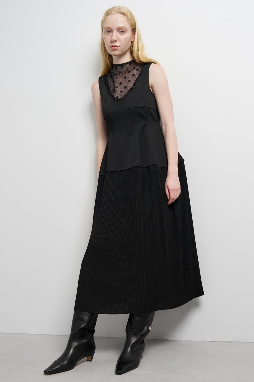 【ランバン オン ブルー/LANVIN en Bleu】のプリーツコンビマットサテンワンピース 人気、トレンドファッション・服の通販 founy(ファニー) 　ファッション　Fashion　レディースファッション　Fashion for Women　ワンピース　Dresses　チュニック　Tunic Tops & Dresses　コクーン　Cocoon, Cocoon Silhouette　サテン　Satin, Glossy Fabric　シェイプ　Shape, Slim Fit　シャドー　Shadow, Subtle Pattern　ストライプ　Stripe, Striped Pattern　ストレッチ　Stretch, Stretchy Fabric　チュニック　Tunic, Long Top　チュール　Tulip, Tulip Motif　ドッキング　Docking, Mixed Material　ドレス　Dress, One-Piece　ファブリック　Fabric, Textile　フォルム　Silhouette, Form　プリーツ　Pleats, Pleated　ミックス　Mix, Mixed Style　ロング　Long, Long-Length　新作・新入荷　New Arrivals / New In　other-6|ID: prp329100004630028 ipo3291000000033298479