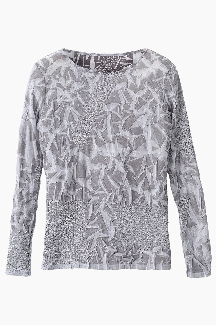 【ミューラル/MURRAL】のCrumpled トップス インテリア・キッズ・メンズ・レディースファッション・服の通販 founy(ファニー) 　ファッション　Fashion　レディースファッション　Fashion for Women　トップス・カットソー　Cut & Sew Tops　シャツ・ブラウス・オフィスカジュアル　Elegant Blouses & Button-Ups　ロングTシャツ・Tシャツ　Longline T-Shirts & Tees　カットソー・ベーシックTシャツ　Cut-and-Sewn Tops / Stretch Tees & Basics　2025年　2025　2025-2026秋冬・A/W　Autumn/Winter 2025–26 AW25–26　エレガント 上品　Elegant　コレクション　Collection, Seasonal Line　スリーブ　Sleeve, Long Sleeve / Short Sleeve　プリント　Print, Printed Pattern　プリーツ　Pleats, Pleated　ランダム　Random, Irregular　リラックス　Relax, Relaxed Fit　ロング　Long, Long-Length　A/W・秋冬　Autumn/Winter　グレー|ID: prp329100004630030 ipo3291000000033298495