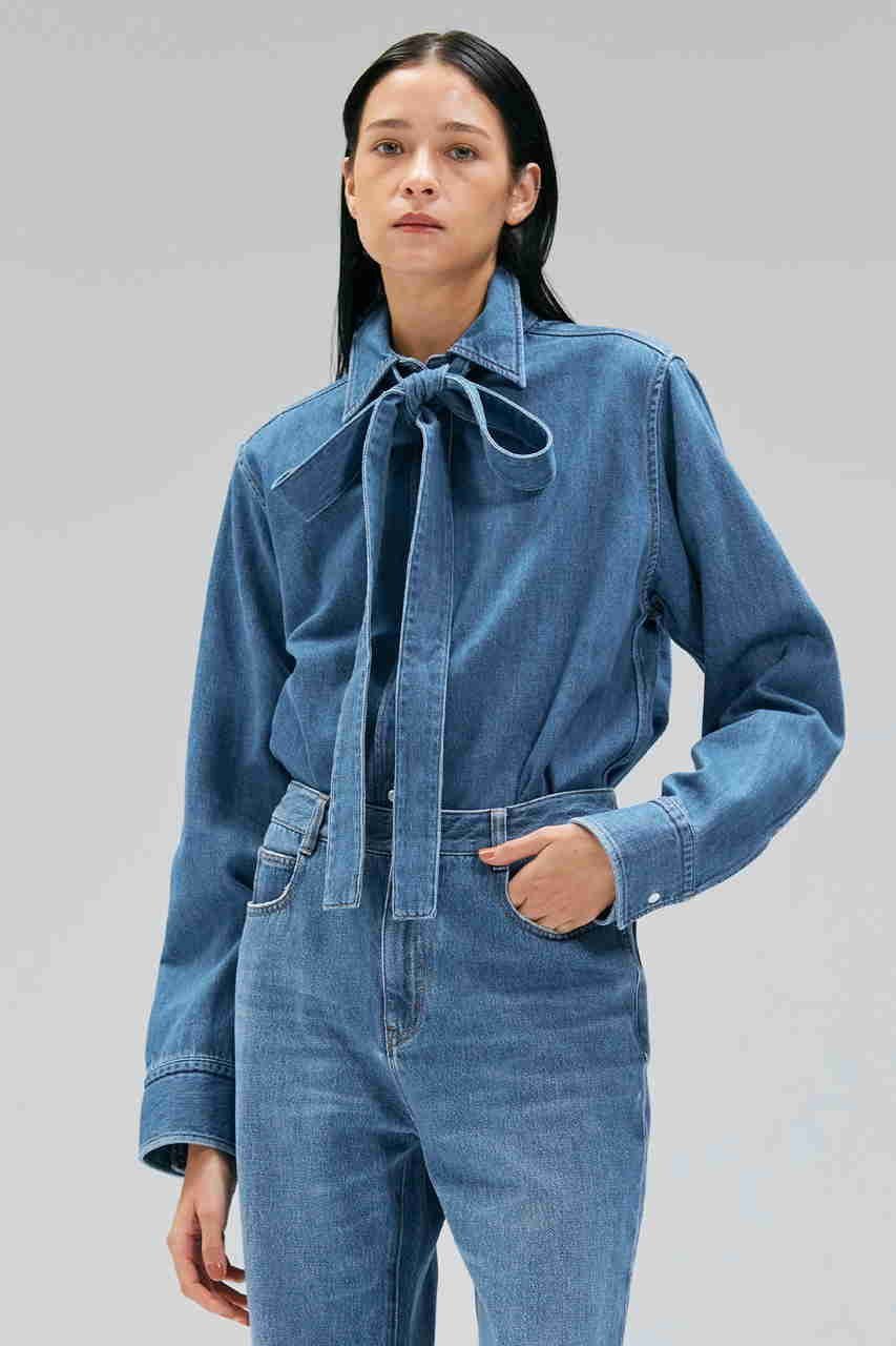 【ベイジ,/BEIGE,】のMARKEL/ボウタイ付きシャツカラーデニムシャツ 人気、トレンドファッション・服の通販 founy(ファニー) 　ファッション　Fashion　レディースファッション　Fashion for Women　トップス・カットソー　Cut & Sew Tops　シャツ・ブラウス・オフィスカジュアル　Elegant Blouses & Button-Ups　シンプル　Simple, Minimal　スリーブ　Sleeve, Long Sleeve / Short Sleeve　デニム　Denim, Jeans Material　フェミニン　Feminine, Girly　ロング　Long, Long-Length　other-8|ID: prp329100004630050 ipo3291000000035582910