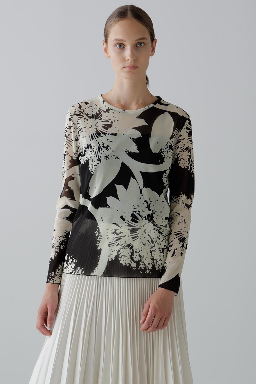 【アドーア/ADORE】のフローラルプリントカットソー 人気、トレンドファッション・服の通販 founy(ファニー) 　ファッション　Fashion　レディースファッション　Fashion for Women　トップス・カットソー　Cut & Sew Tops　シャツ・ブラウス・オフィスカジュアル　Elegant Blouses & Button-Ups　ロングTシャツ・Tシャツ　Longline T-Shirts & Tees　カットソー・ベーシックTシャツ　Cut-and-Sewn Tops / Stretch Tees & Basics　ストレッチ　Stretch, Stretchy Fabric　スリーブ　Sleeve, Long Sleeve / Short Sleeve　チュール　Tulip, Tulip Motif　プリント　Print, Printed Pattern　モチーフ　Motif, Design Theme　ロング　Long, Long-Length　other-2|ID: prp329100004630127 ipo3291000000035965670